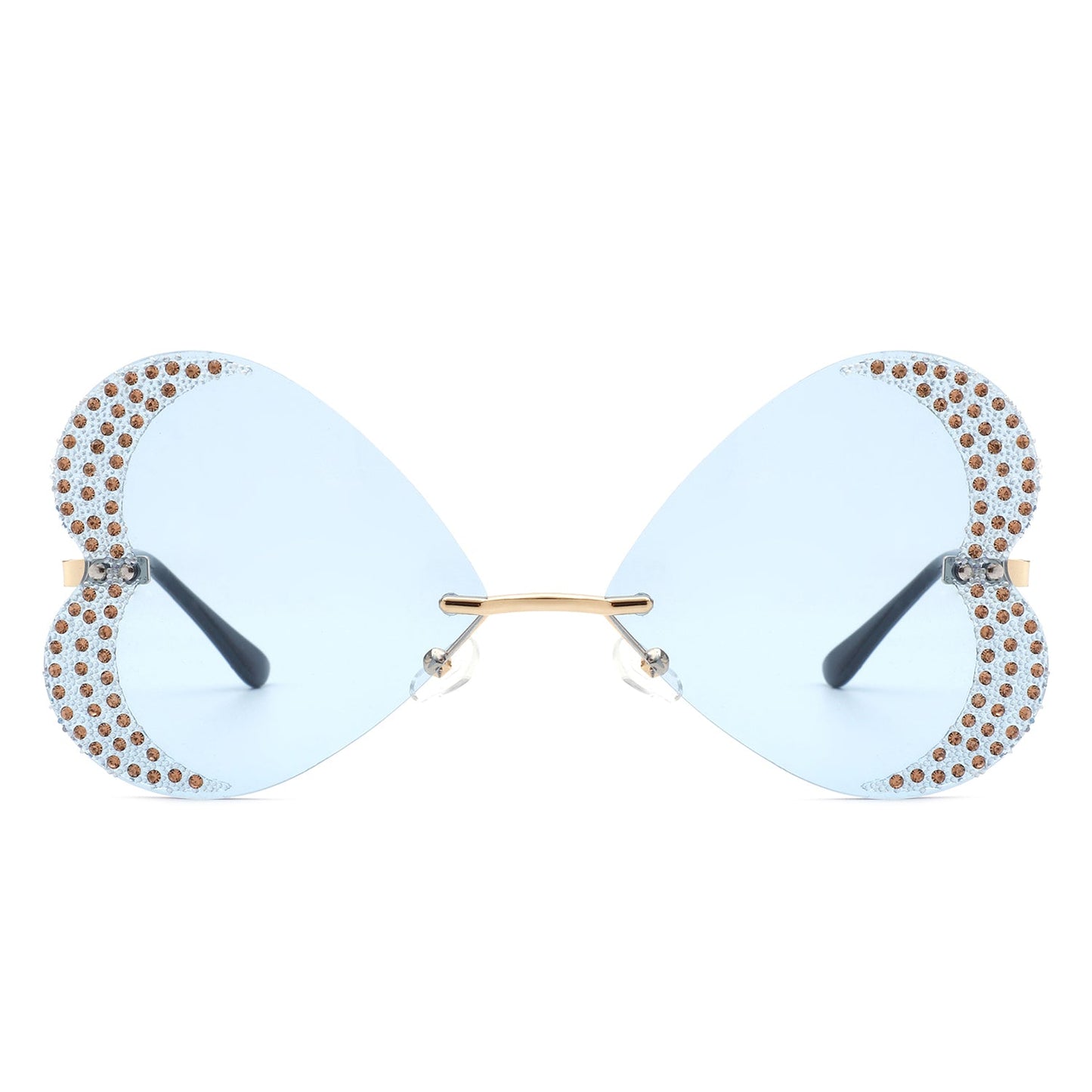 The Quixotia - Rimless Butterfly Heart Shape Tinted Fashion Women Sunglasses by Cramilo Eyewear are heart-shaped with purple lenses and golden arms, adorned with rhinestones along the edges.