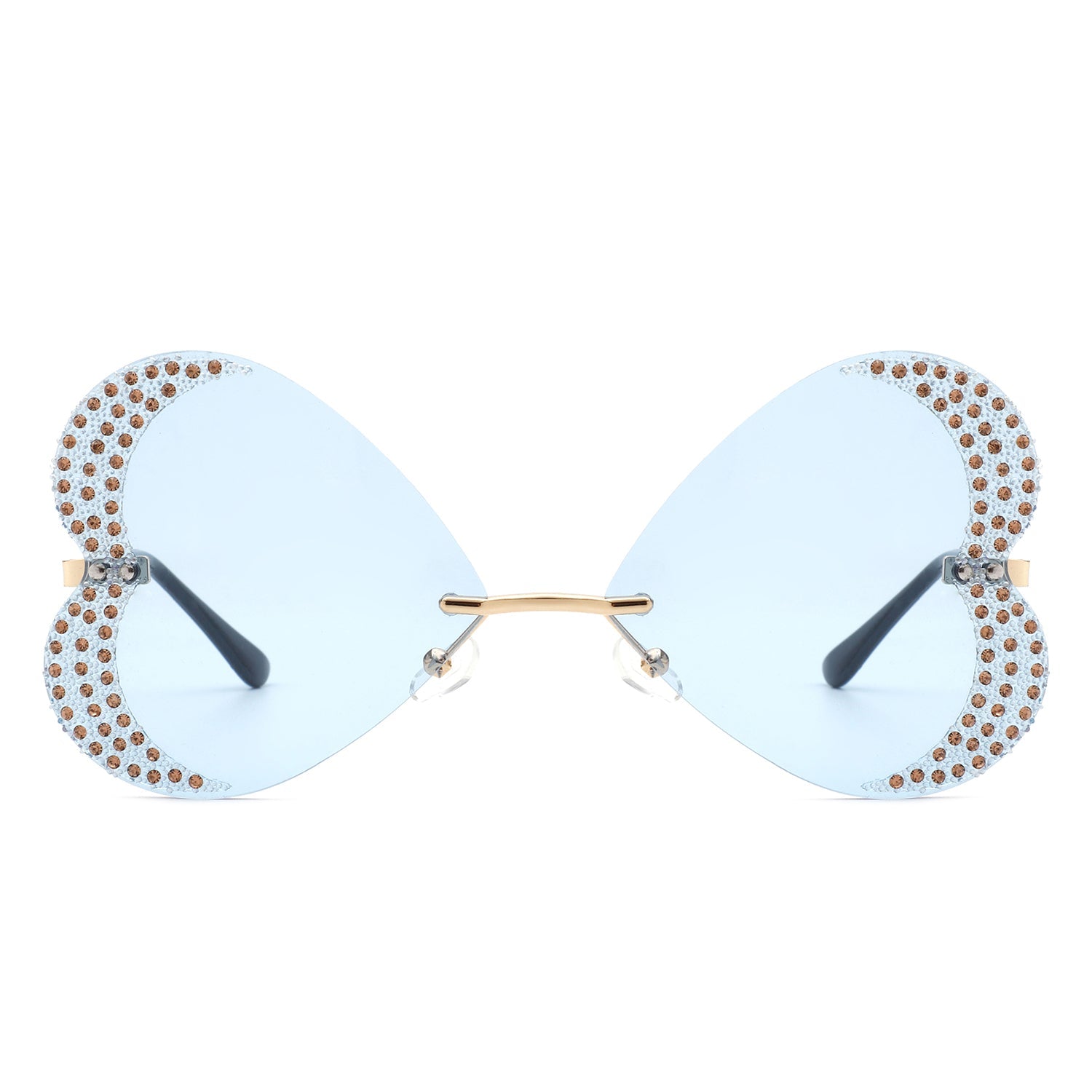 The Quixotia - Rimless Butterfly Heart Shape Tinted Fashion Women Sunglasses by Cramilo Eyewear are heart-shaped with purple lenses and golden arms, adorned with rhinestones along the edges.