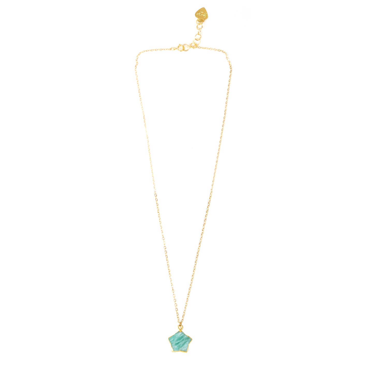 Gena Myints Amazonite Star Necklace featuring a gold chain and a star-shaped turquoise pendant.