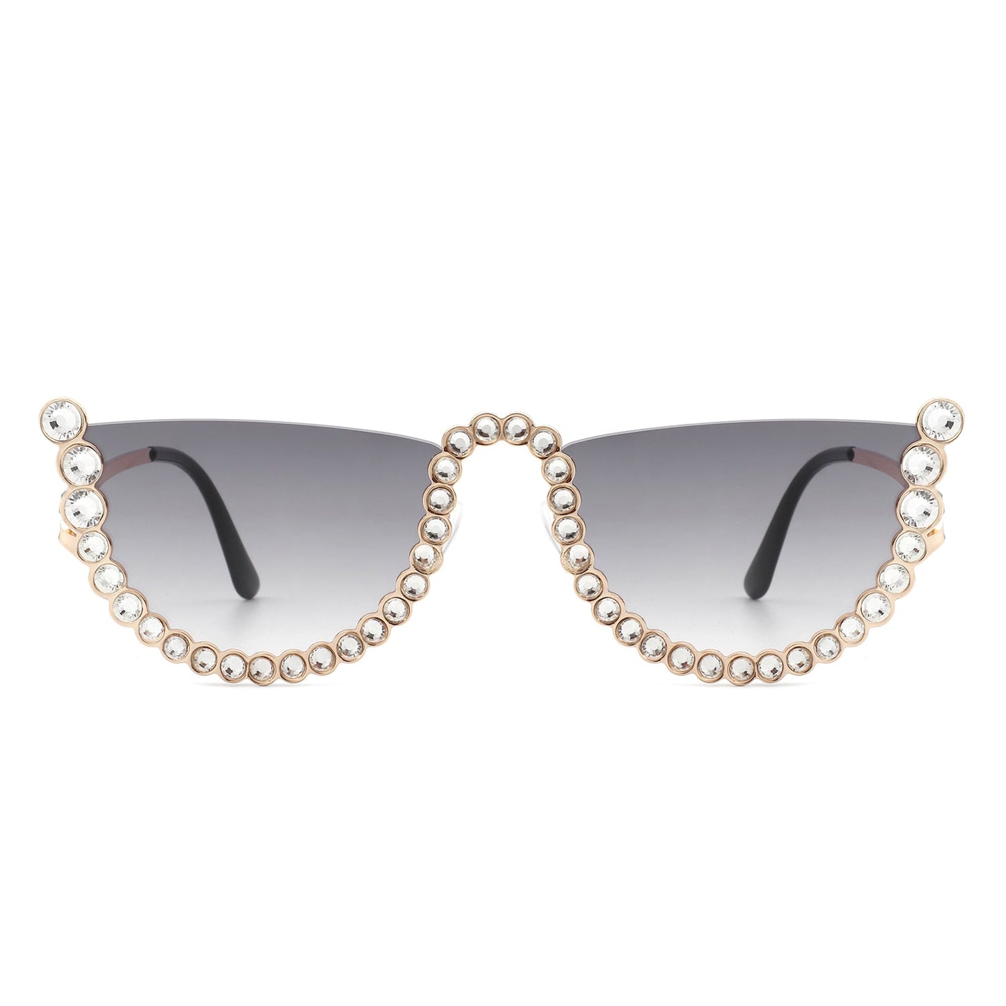 The Florinda Women Half Frame Rhinestone Round Fashion Sunglasses by Cramilo Eyewear feature rhinestones on the frame and temples, available in a golden color.