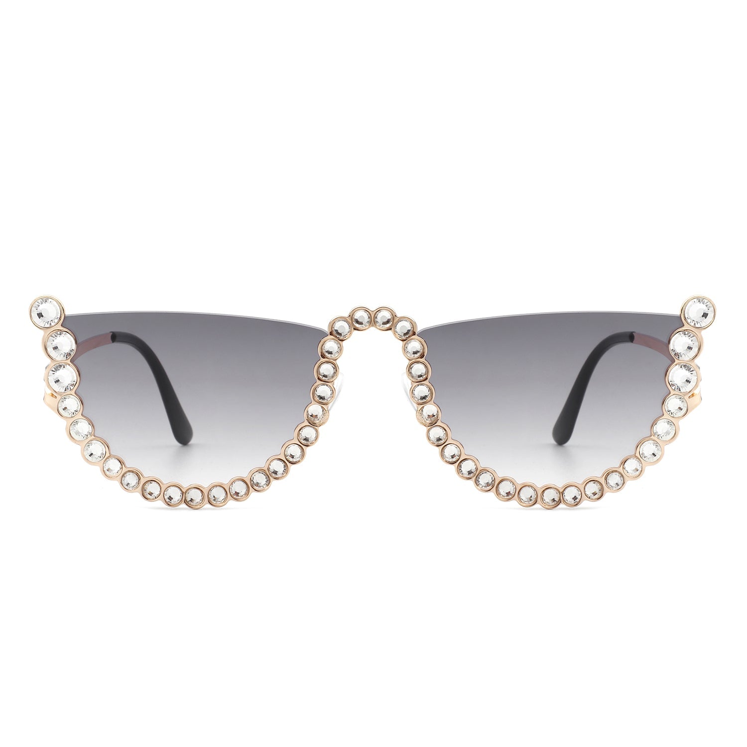 The Florinda Women Half Frame Rhinestone Round Fashion Sunglasses by Cramilo Eyewear feature rhinestones on the frame and temples, available in a golden color.