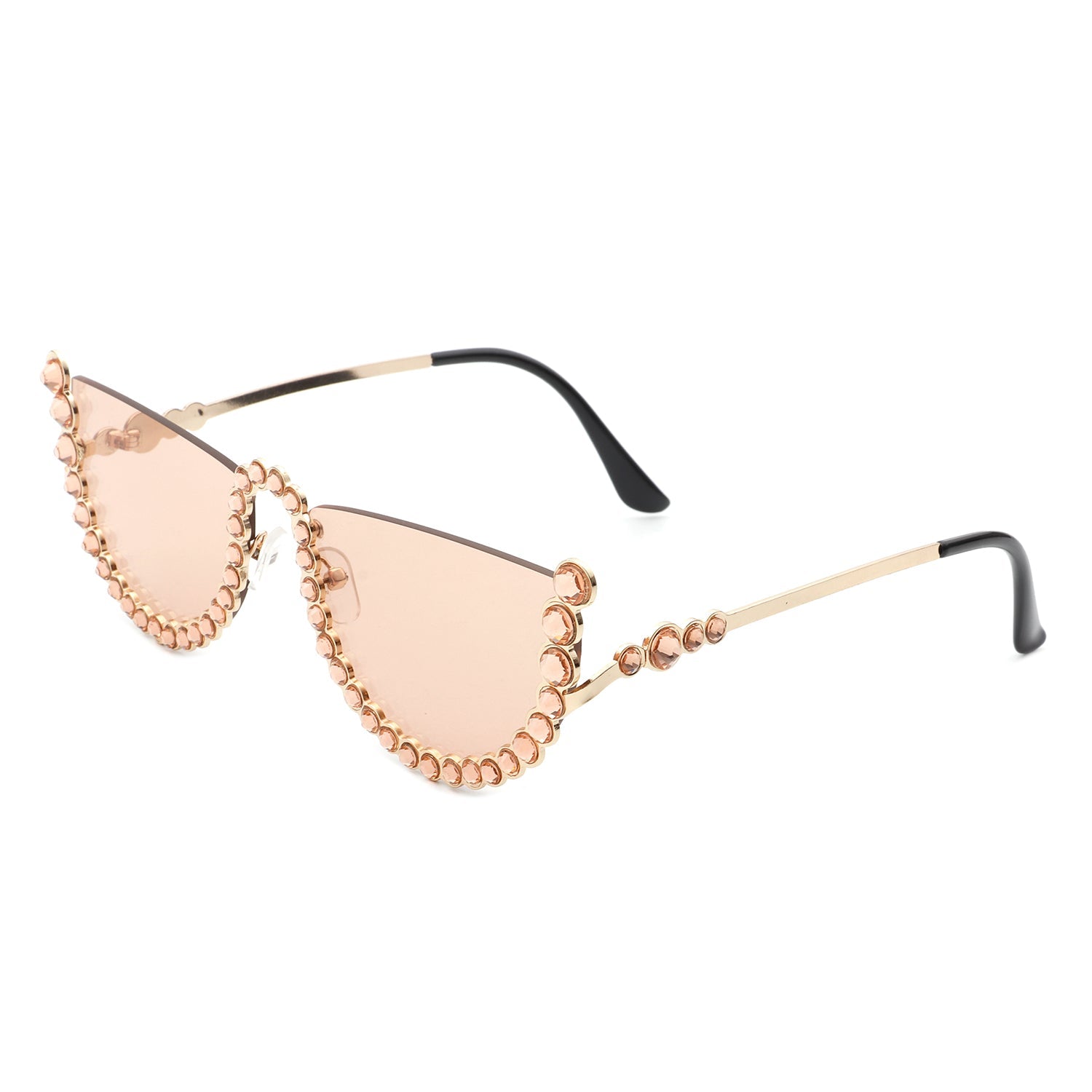 The Florinda Women Half Frame Rhinestone Round Fashion Sunglasses by Cramilo Eyewear feature rhinestones on the frame and temples, available in a golden color.