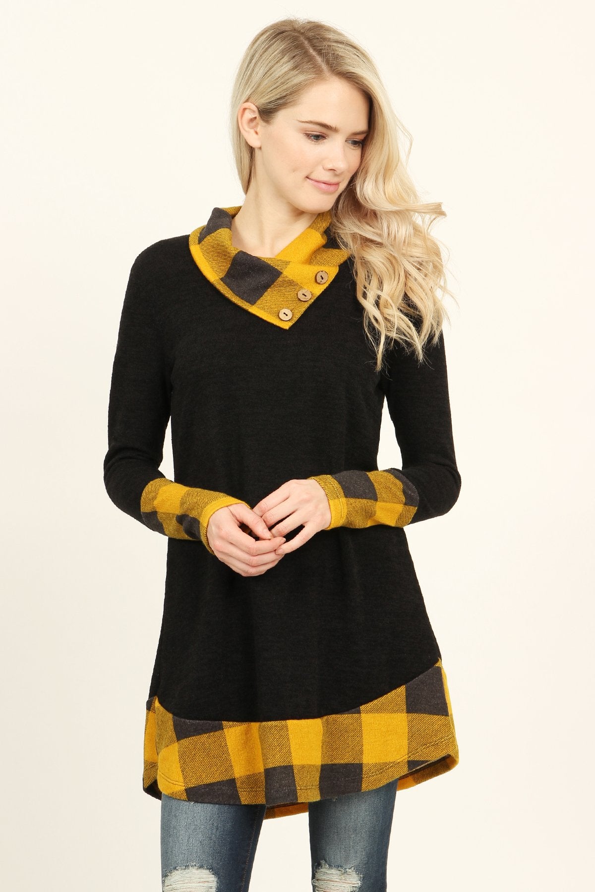 Plaid Accented Sweater Tunic BLACK/MUSTARD / 3X, image size:1200x1800