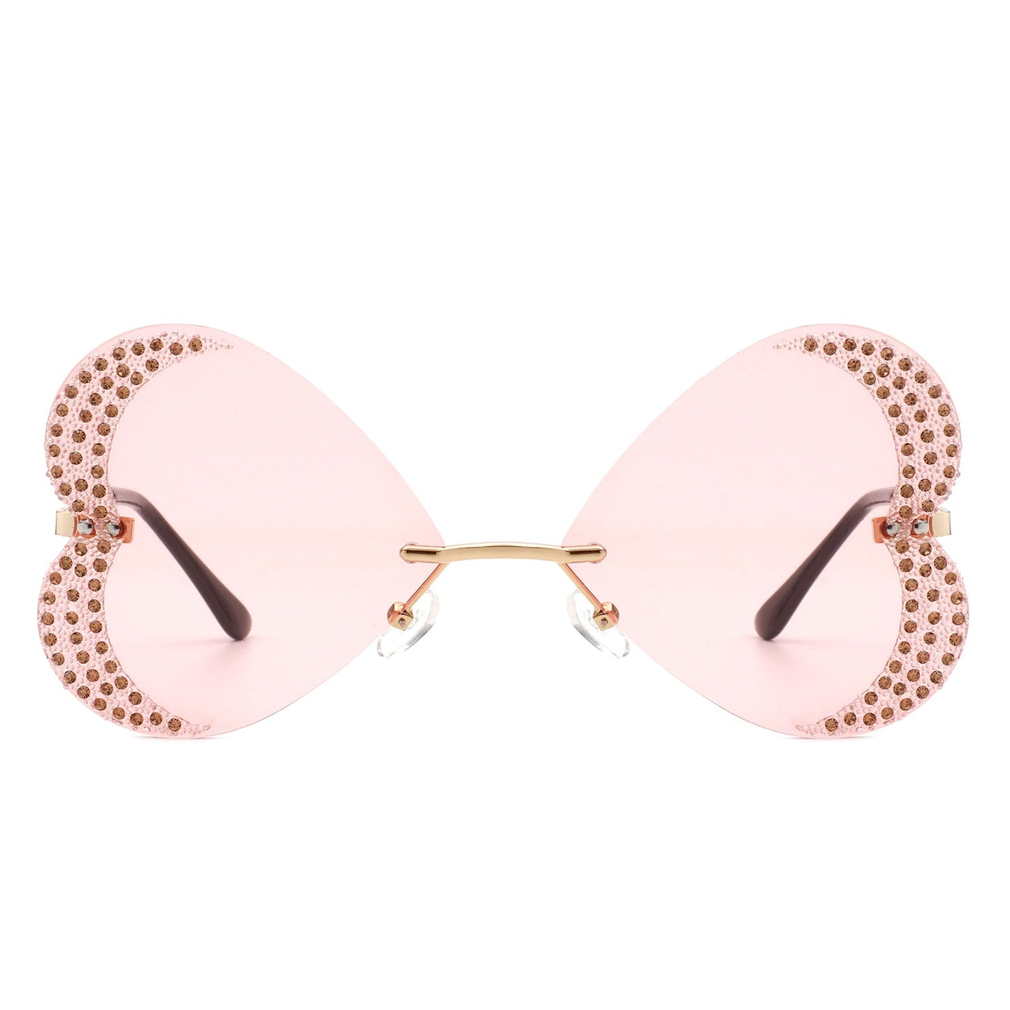 The Quixotia - Rimless Butterfly Heart Shape Tinted Fashion Women Sunglasses by Cramilo Eyewear are heart-shaped with purple lenses and golden arms, adorned with rhinestones along the edges.