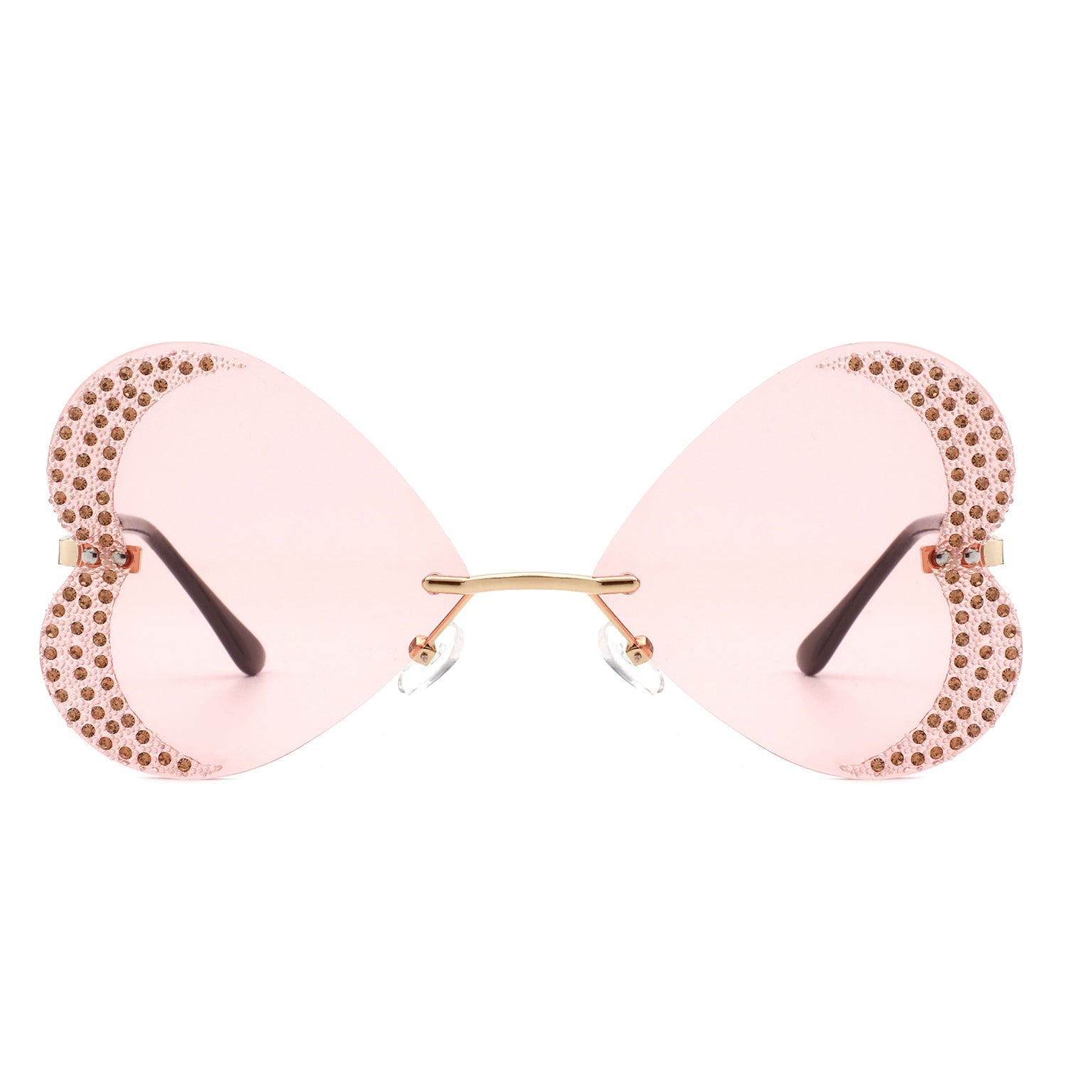 The Quixotia - Rimless Butterfly Heart Shape Tinted Fashion Women Sunglasses by Cramilo Eyewear are heart-shaped with purple lenses and golden arms, adorned with rhinestones along the edges.