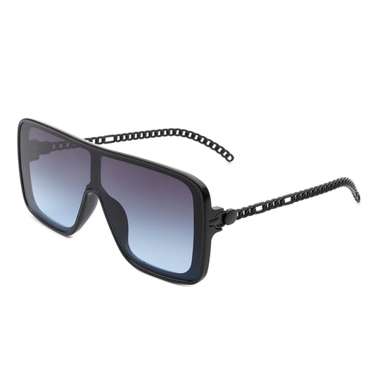 Cramilo Eyewears Wildwind sunglasses feature a black-gray square frame with a retro flat top, gradient blue lenses, and chain-like arms.