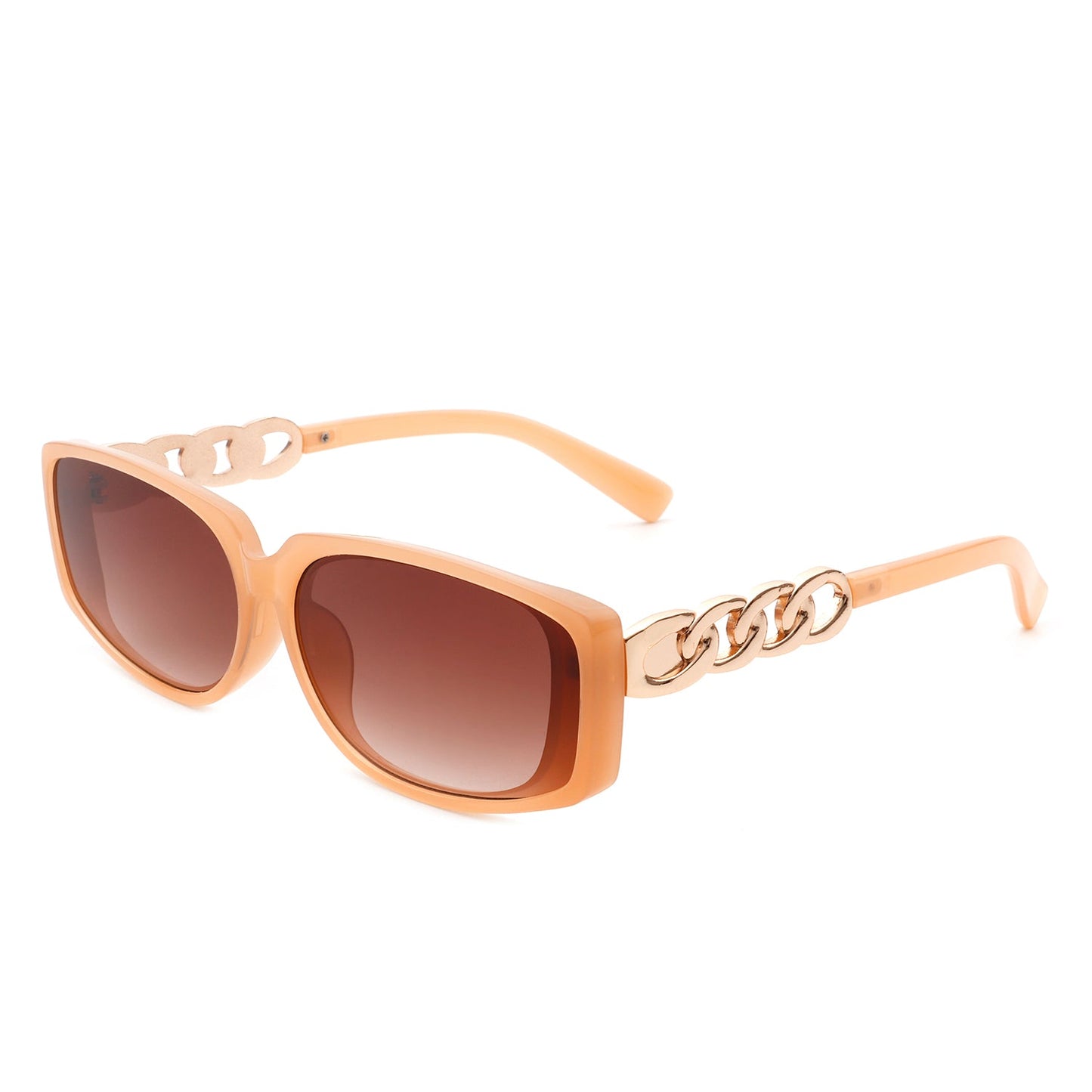 Helixian by Cramilo Eyewear: Chic tortoise-shell rectangle sunglasses for women, featuring chain-link gold accents and brown gradient lenses.