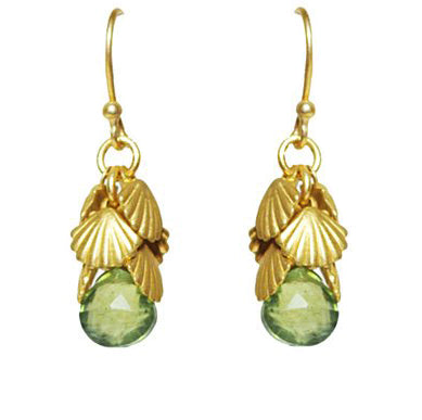 Gena Myints Shell Cluster Peridot earrings feature a leaf-inspired design and green gemstone drops.