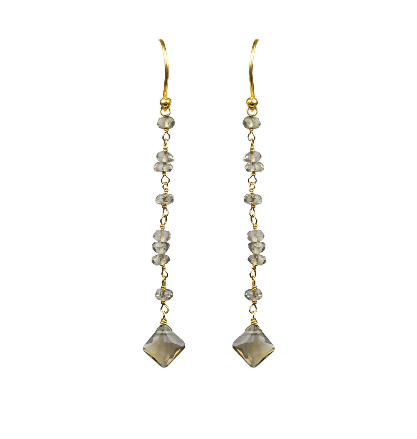 Smoky Topaz Linear Vermeil Earrings by Gena Myint feature gold hooks, translucent beads, and diamond-shaped pendants.