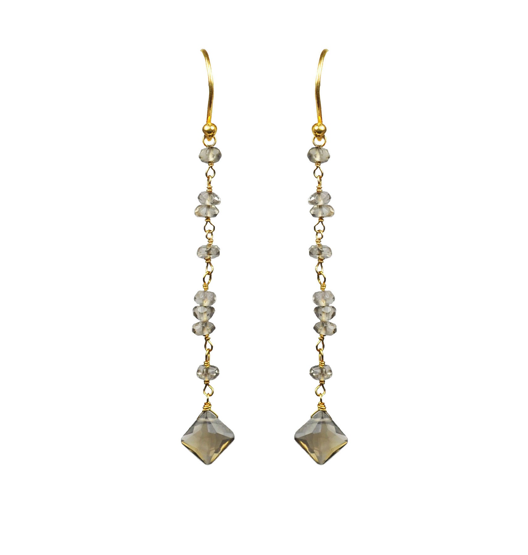 Smoky Topaz Linear Vermeil Earrings by Gena Myint feature gold hooks, translucent beads, and diamond-shaped pendants.