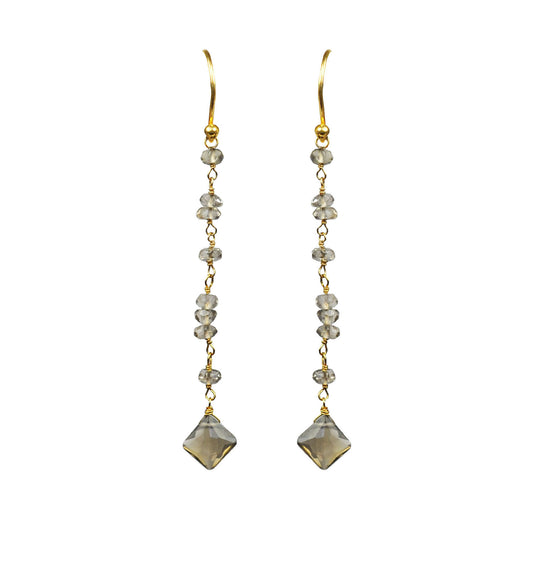 Smoky Topaz Linear Vermeil Earrings by Gena Myint feature gold hooks, translucent beads, and diamond-shaped pendants.