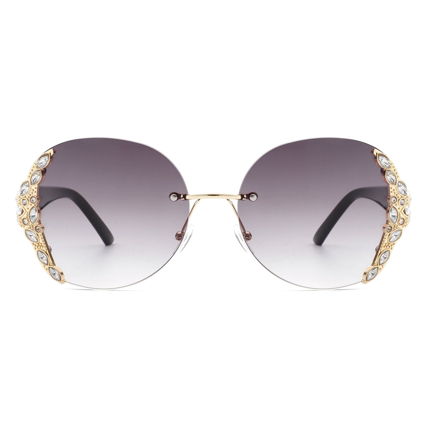 Stylish black sunglasses with oval rimless frames, pink gradient lenses, ornate gold detailing, and rhinestone design by Cramilo Eyewear.