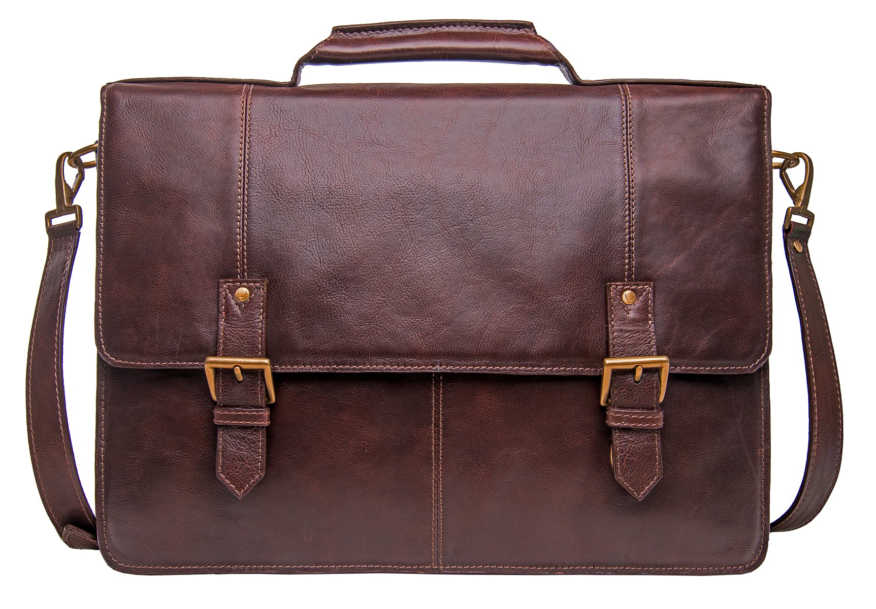 Hidesign Charles Large Double Gusset Leather 17 Laptop Compatible Briefcase Bag features a brown leather design, top handle, adjustable shoulder strap, and two front buckles.