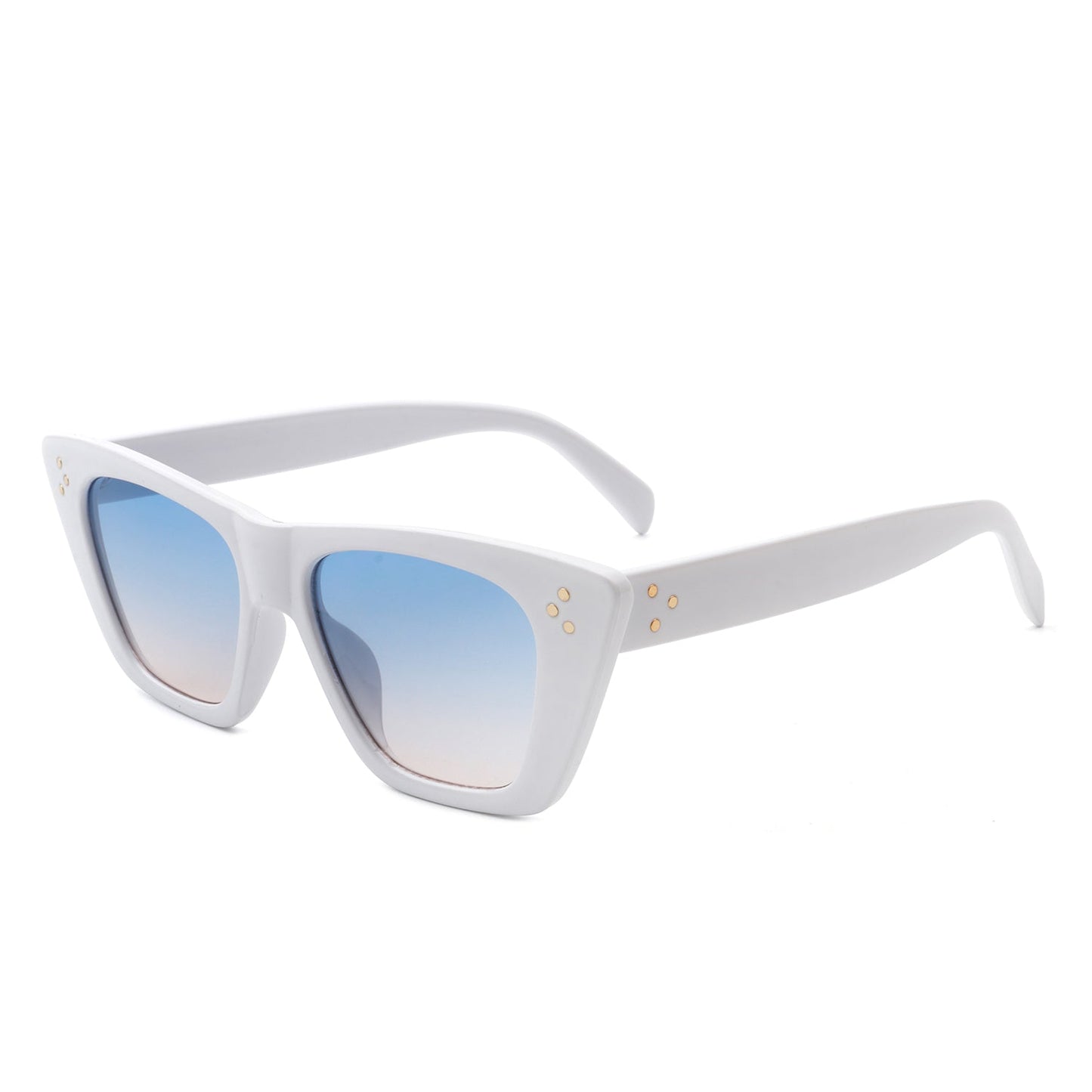 Lightnin Women Retro Cat Eye Fashion Square Sunglasses by Cramilo Eyewear, featuring blue gradient lenses and gold dot accents.