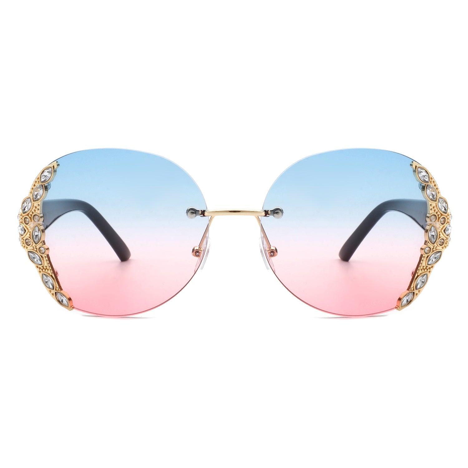 Stylish black sunglasses with oval rimless frames, pink gradient lenses, ornate gold detailing, and rhinestone design by Cramilo Eyewear.