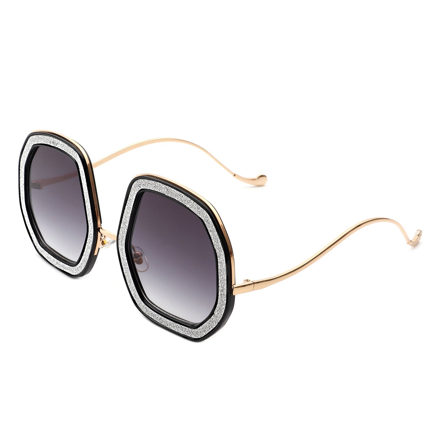 Xanadawn by Cramilo Eyewear: Women’s round irregular geometric sunglasses with brown glitter frames and gradient lenses.