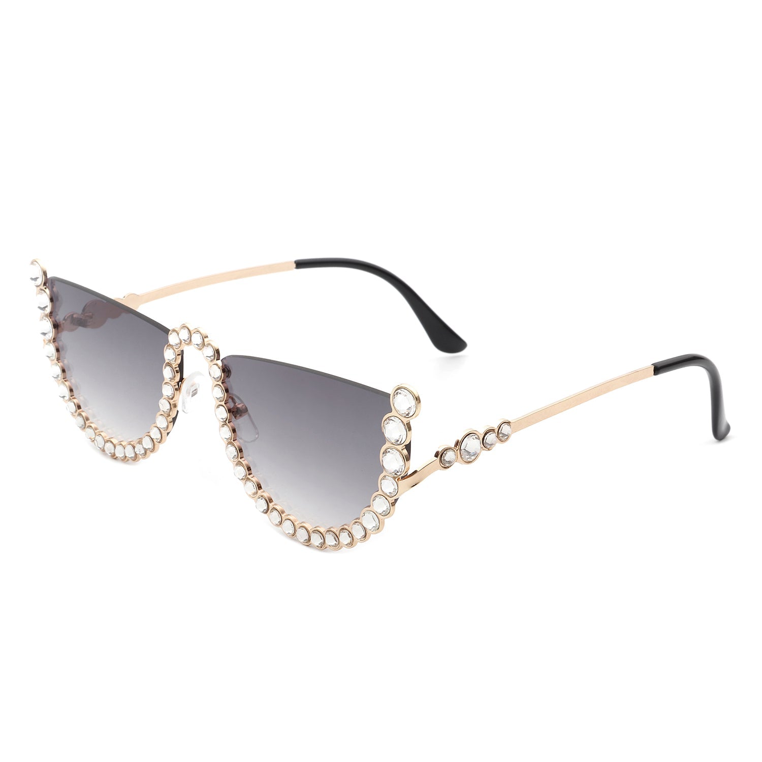 The Florinda Women Half Frame Rhinestone Round Fashion Sunglasses by Cramilo Eyewear feature rhinestones on the frame and temples, available in a golden color.