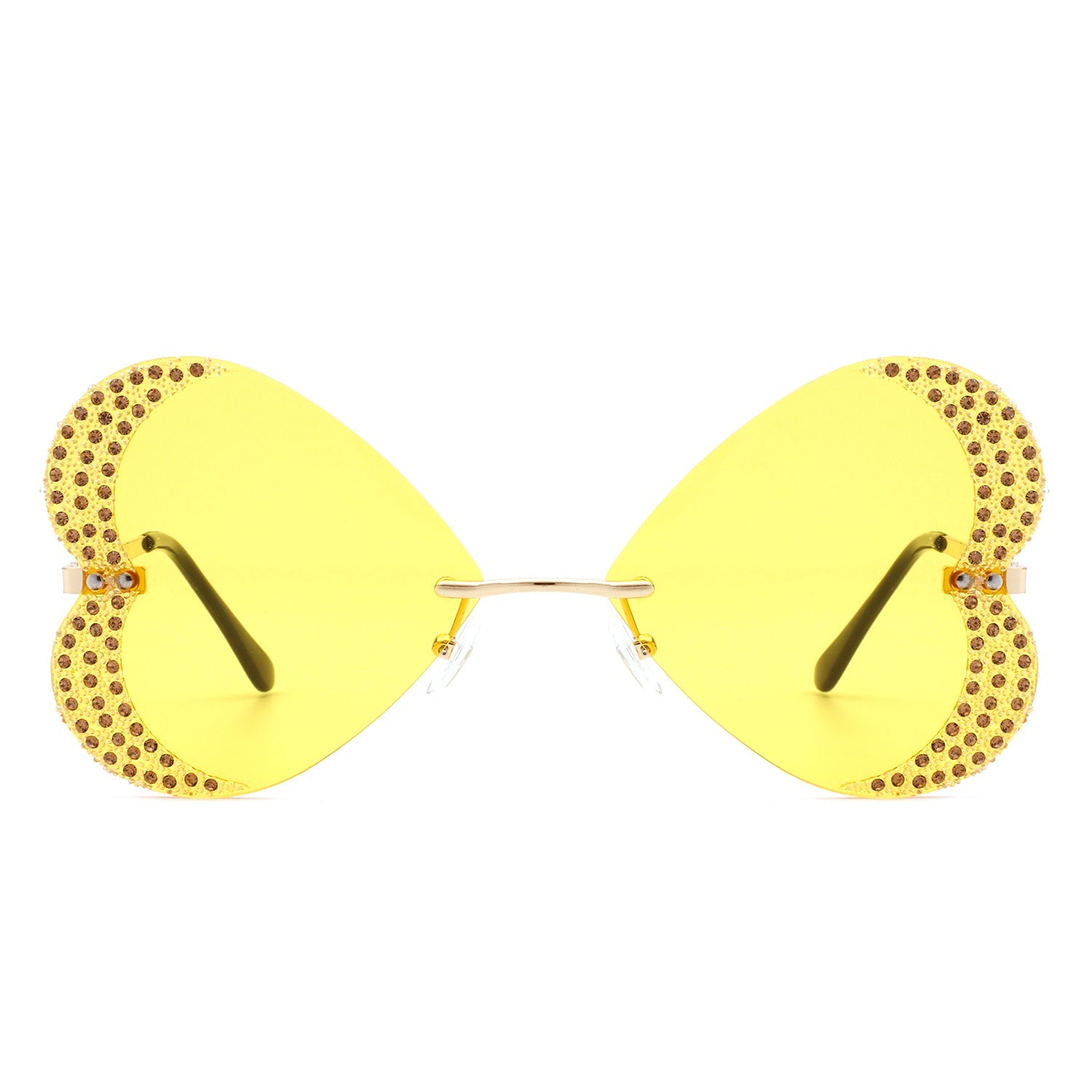 The Quixotia - Rimless Butterfly Heart Shape Tinted Fashion Women Sunglasses by Cramilo Eyewear are heart-shaped with purple lenses and golden arms, adorned with rhinestones along the edges.