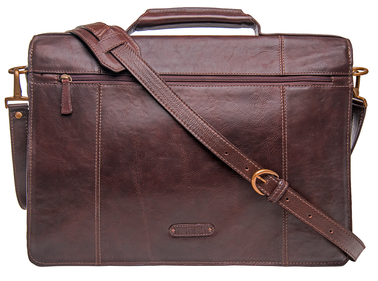 Hidesign Charles Large Double Gusset Leather 17 Laptop Compatible Briefcase Bag features a brown leather design, top handle, adjustable shoulder strap, and two front buckles.