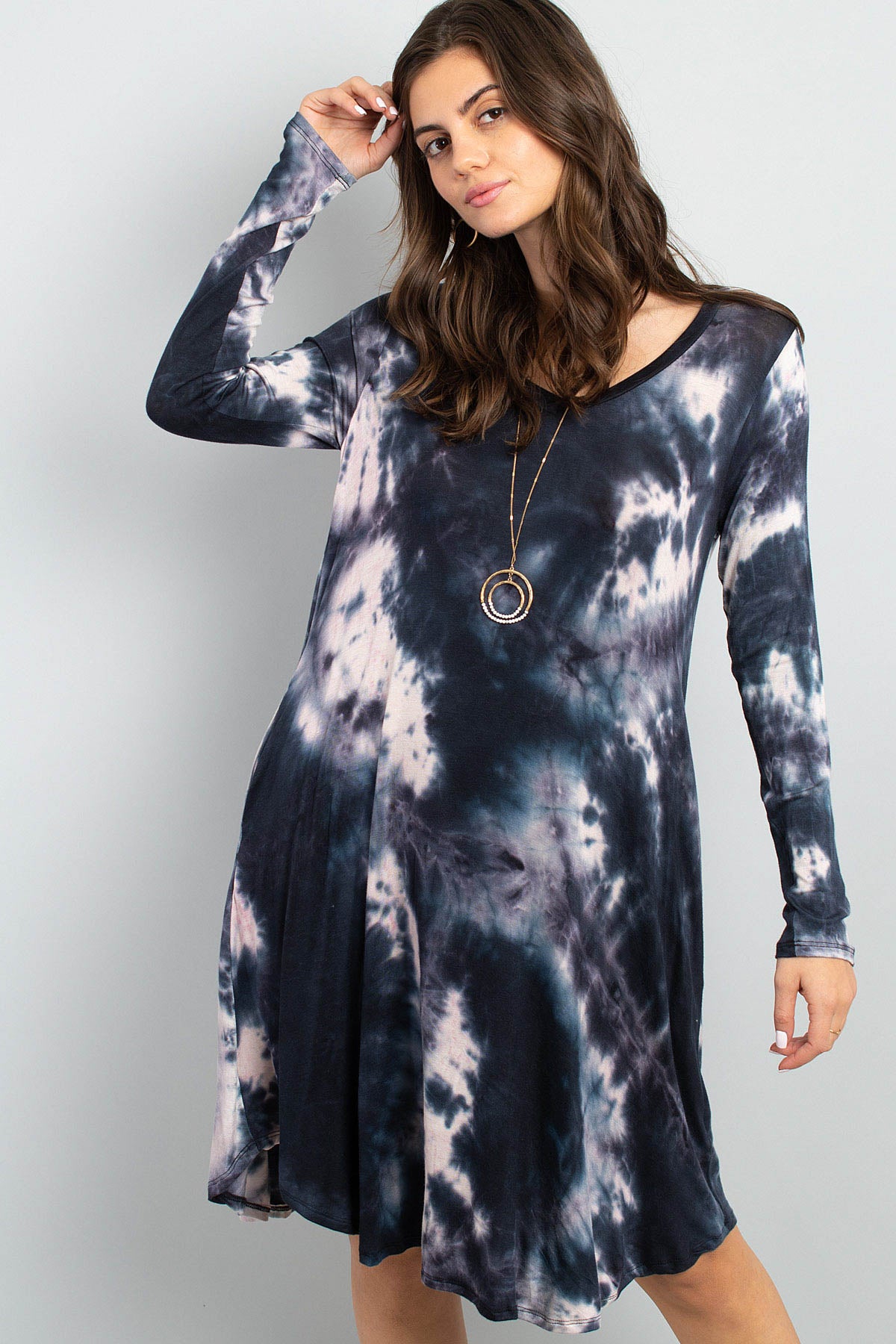 Tie Dye V-Neck Rounded Hem Midi Dress Black Ivory / Medium Tie Dye V-Neck Rounded Hem Midi Dress Black Ivory / Medium