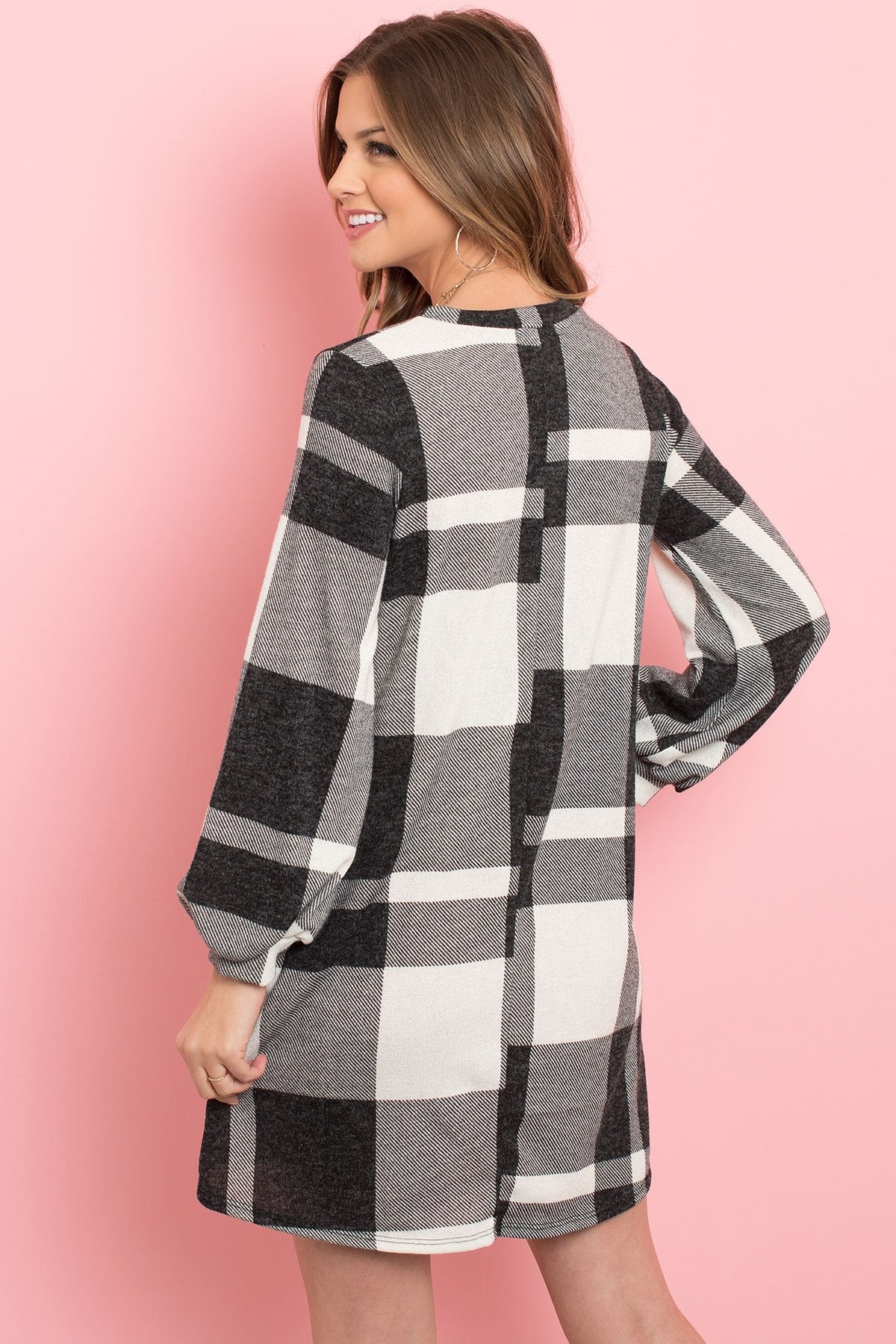 Round Neck Puff Sleeved Plaid Knee Length Dress Taupe/Black / Large Round Neck Puff Sleeved Plaid Knee Length Dress Taupe/Black / Large