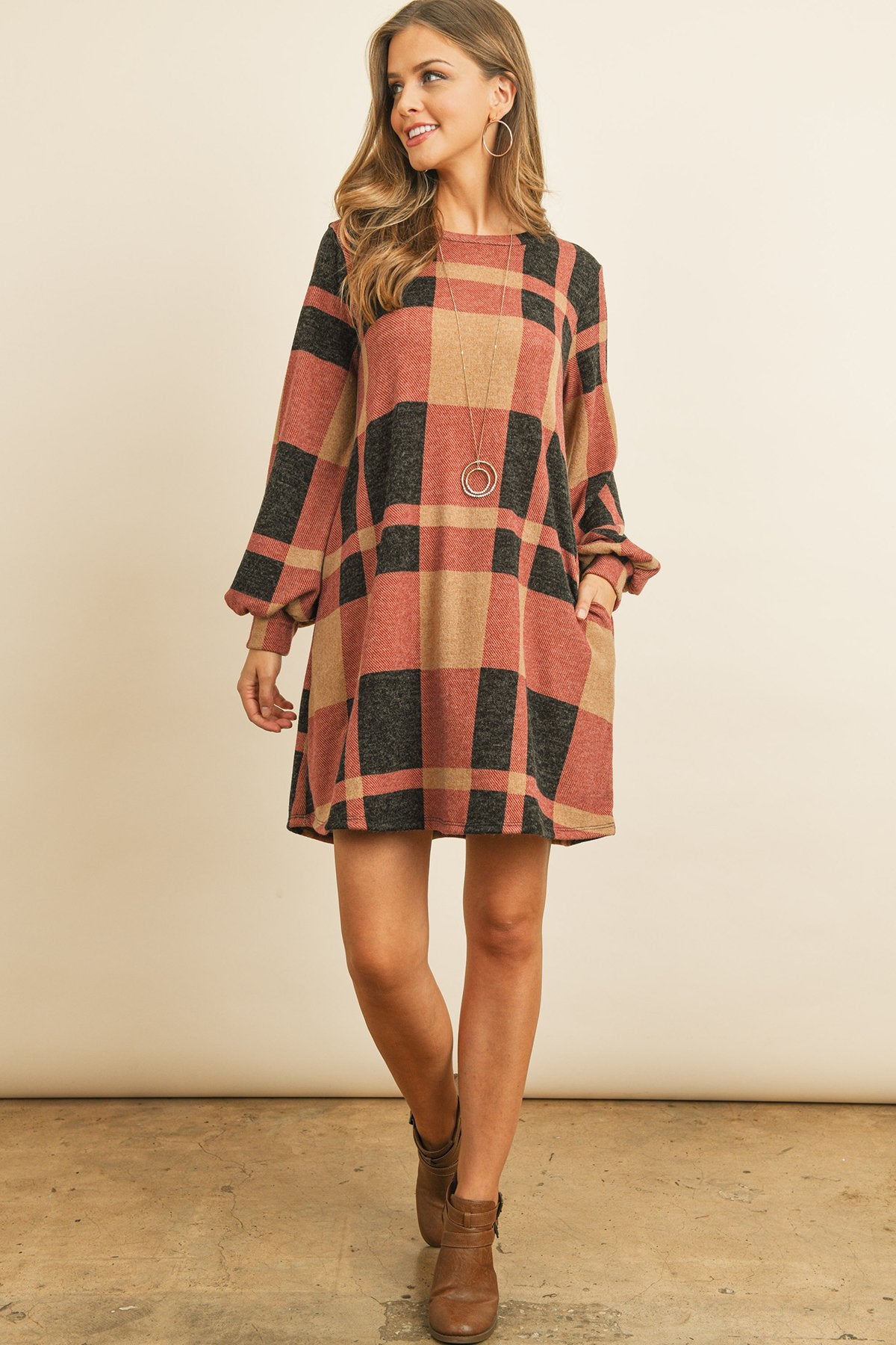 Round Neck Puff Sleeved Plaid Knee Length Dress Taupe/Black / Large Round Neck Puff Sleeved Plaid Knee Length Dress Taupe/Black / Large