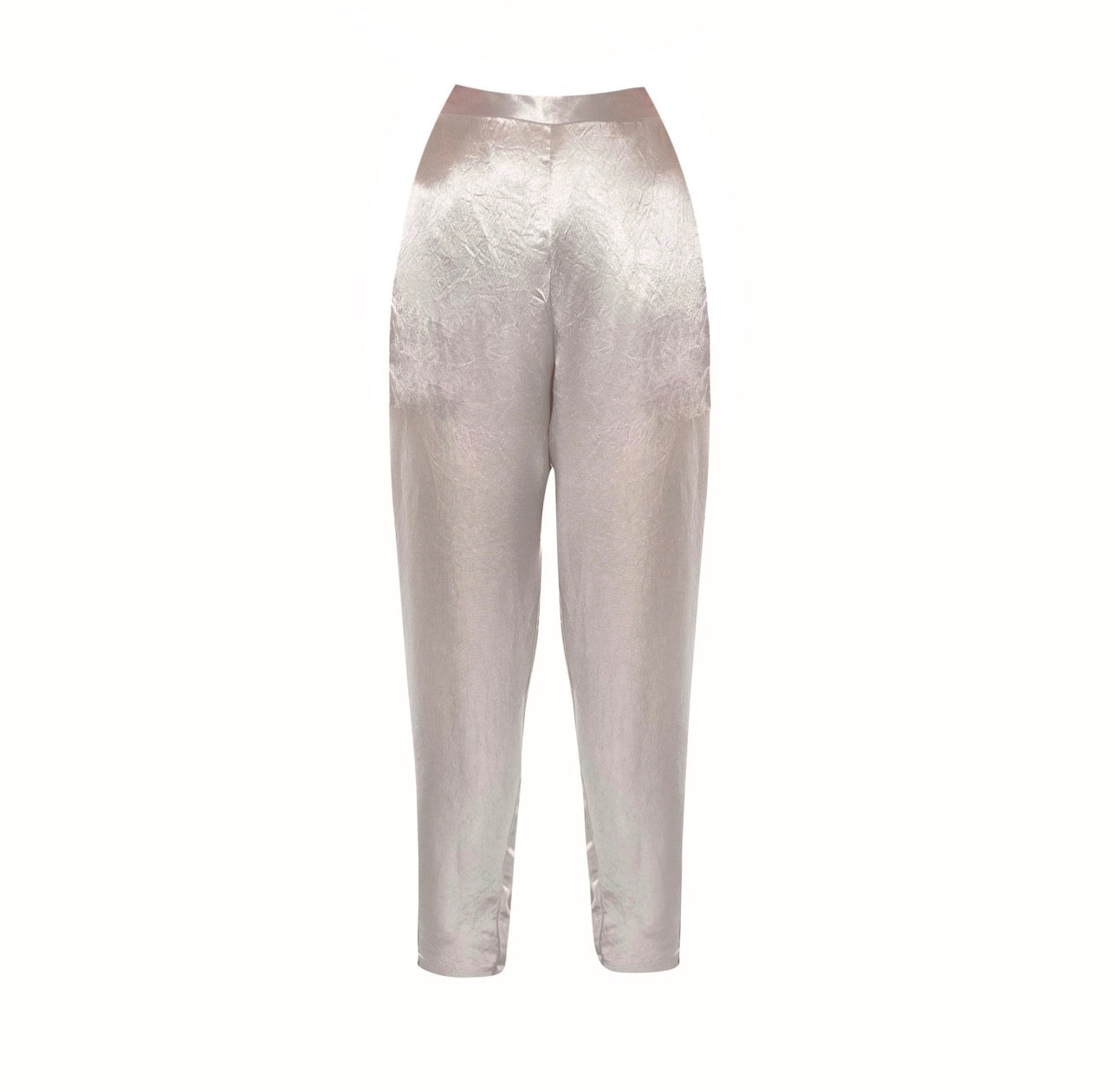 Sophie Beige Pants by Le Réussi®: Silk satin high-waisted trousers in light cream, shown from the back.