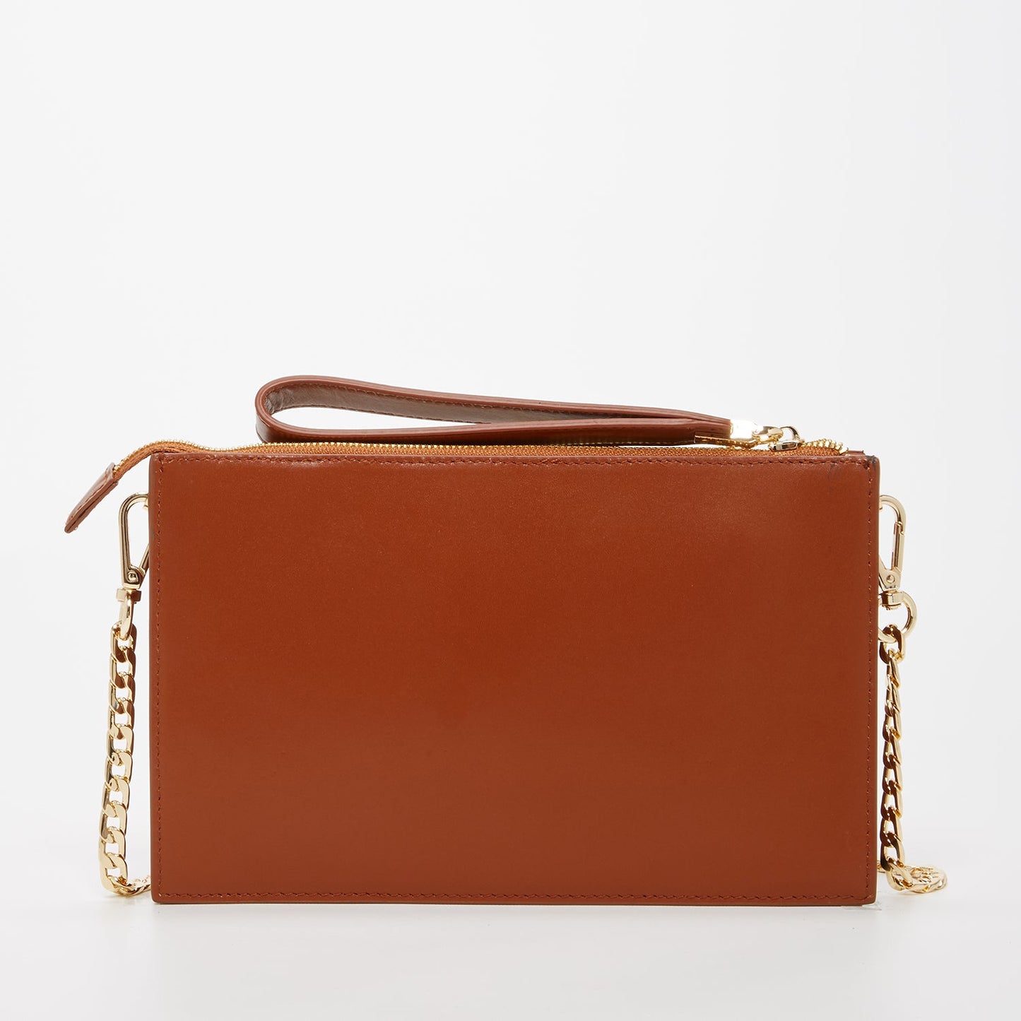 Brown Studded Crossbody Clutch by SUSU features colorful circular and diamond-shaped studs, a gold chain strap, and a zip closure.