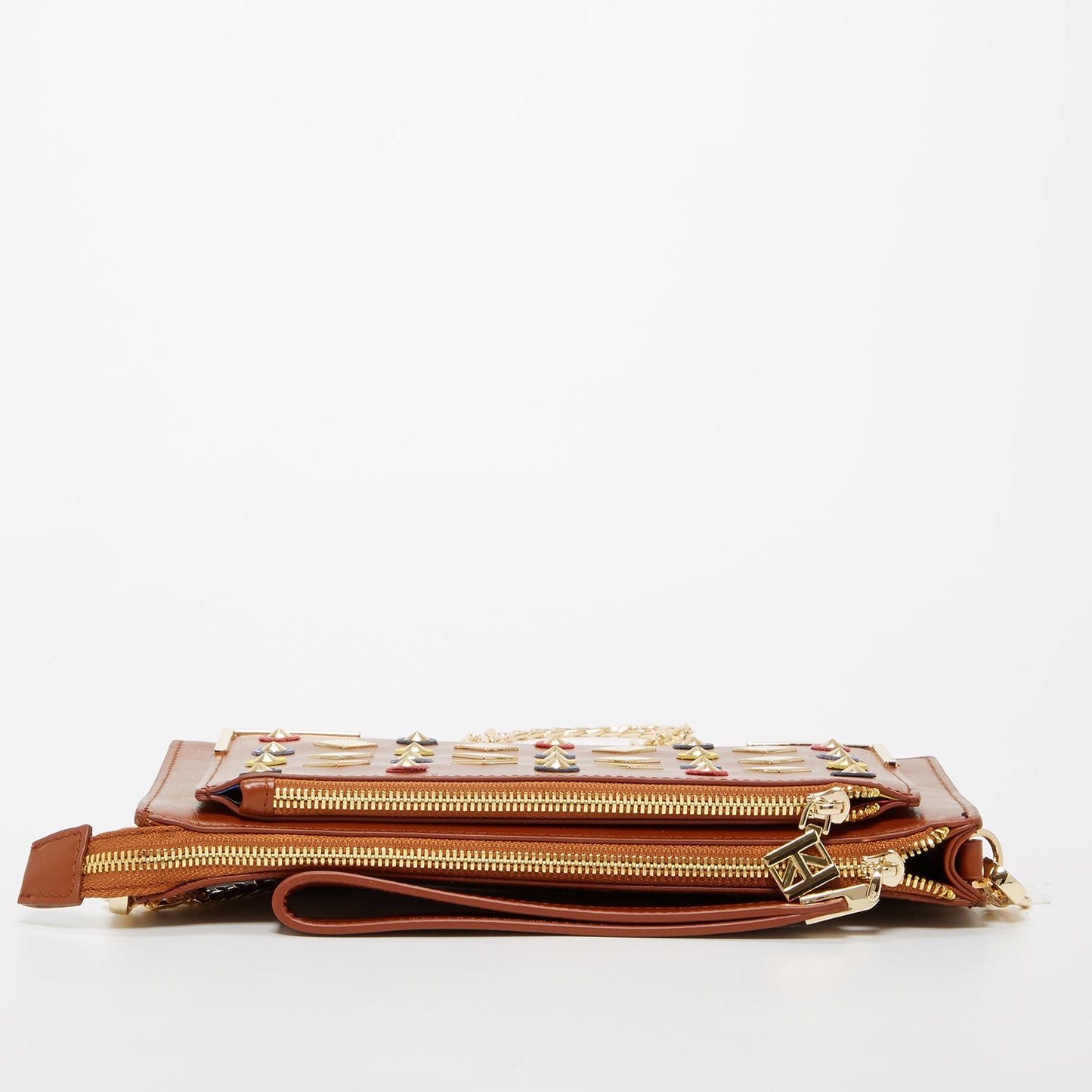 Brown Studded Crossbody Clutch by SUSU features colorful circular and diamond-shaped studs, a gold chain strap, and a zip closure.