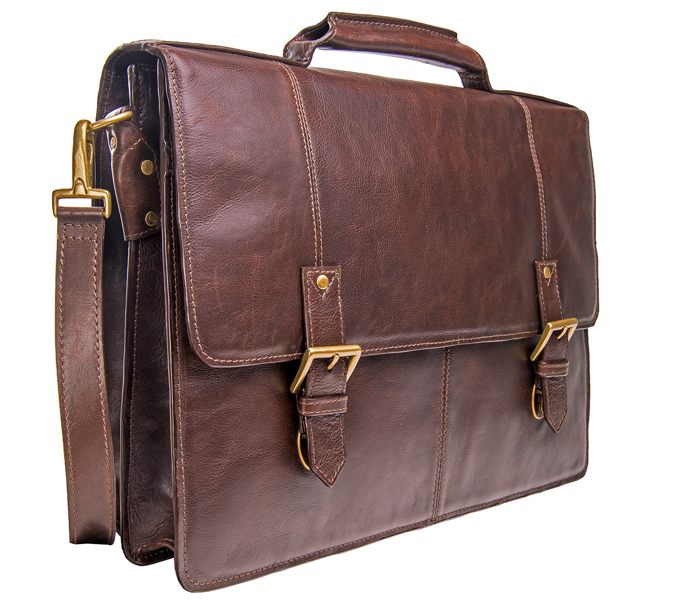 Hidesign Charles Large Double Gusset Leather 17 Laptop Compatible Briefcase Bag features a brown leather design, top handle, adjustable shoulder strap, and two front buckles.