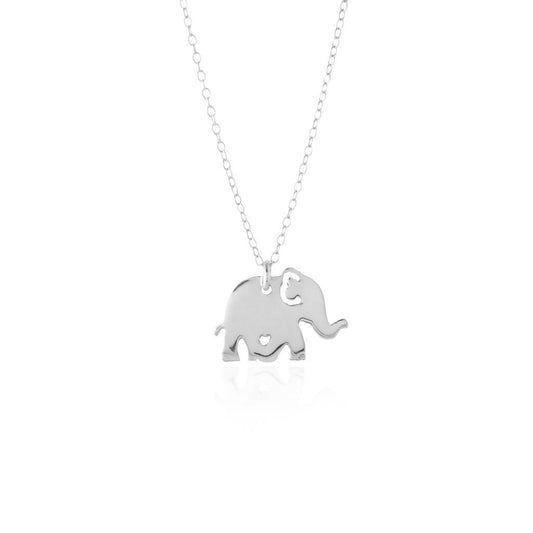 A solid sterling silver elephant pendant necklace by Sincerely Silver, displayed on a delicate chain against a white background.