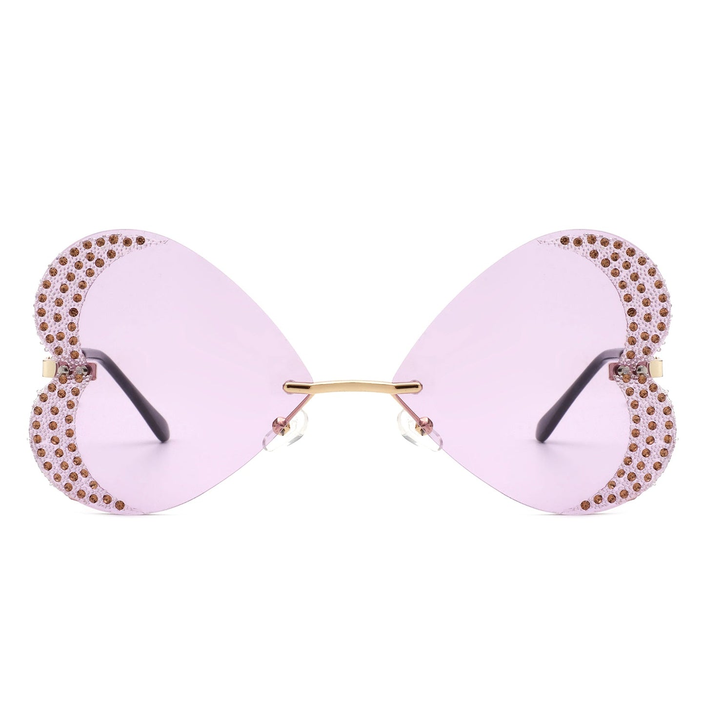 The Quixotia - Rimless Butterfly Heart Shape Tinted Fashion Women Sunglasses by Cramilo Eyewear are heart-shaped with purple lenses and golden arms, adorned with rhinestones along the edges.