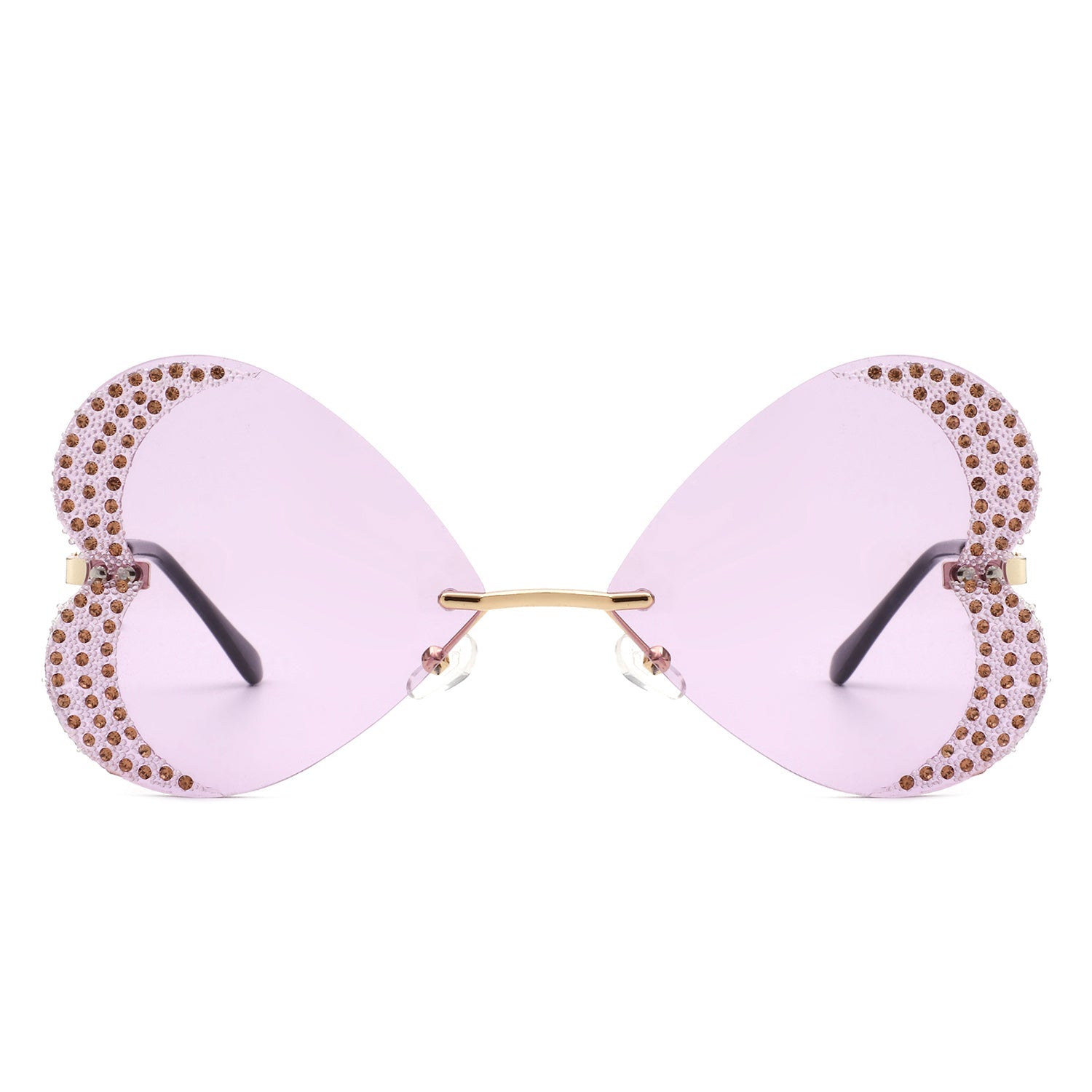 The Quixotia - Rimless Butterfly Heart Shape Tinted Fashion Women Sunglasses by Cramilo Eyewear are heart-shaped with purple lenses and golden arms, adorned with rhinestones along the edges.