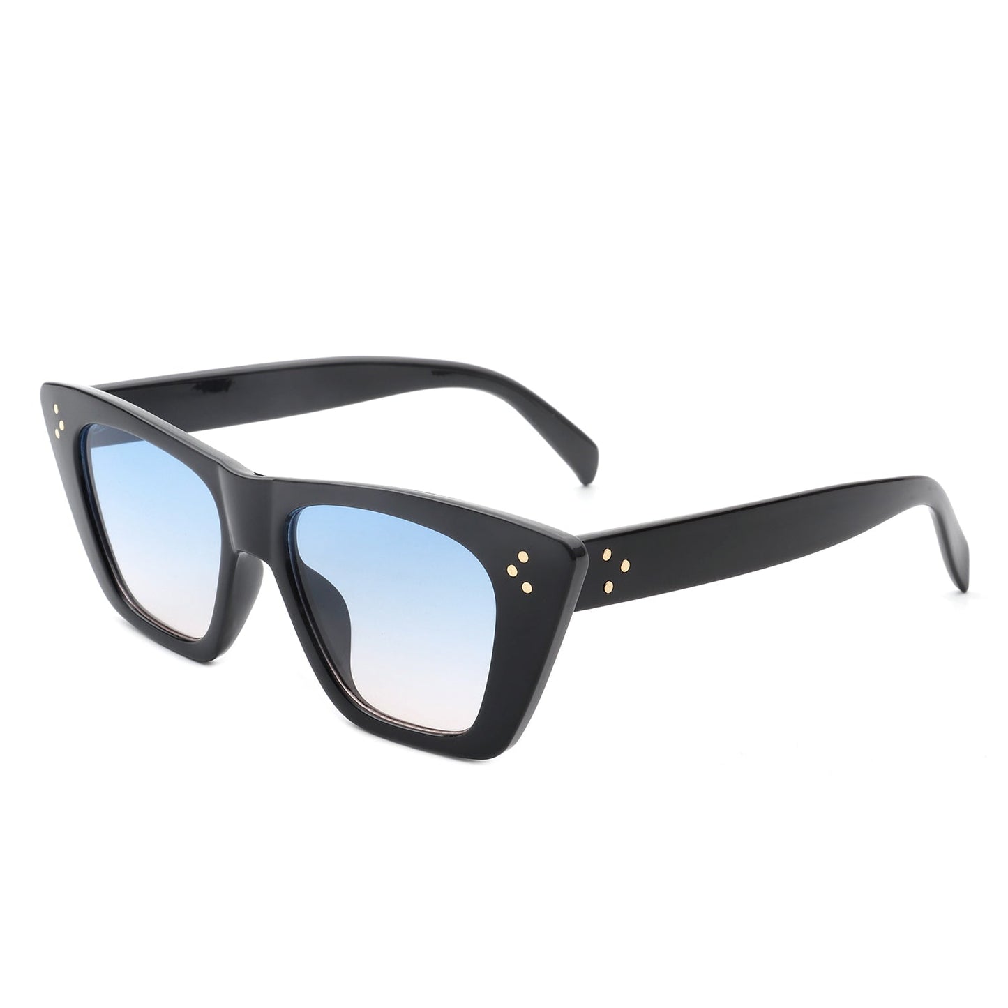 Lightnin Women Retro Cat Eye Fashion Square Sunglasses by Cramilo Eyewear, featuring blue gradient lenses and gold dot accents.