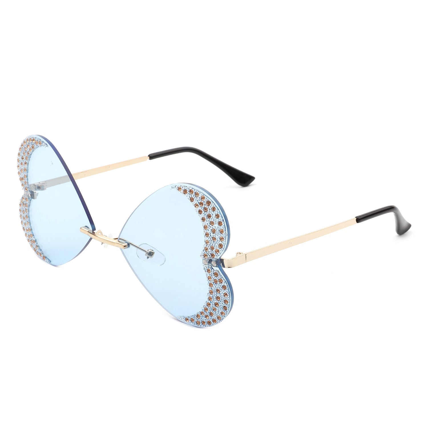 The Quixotia - Rimless Butterfly Heart Shape Tinted Fashion Women Sunglasses by Cramilo Eyewear are heart-shaped with purple lenses and golden arms, adorned with rhinestones along the edges.