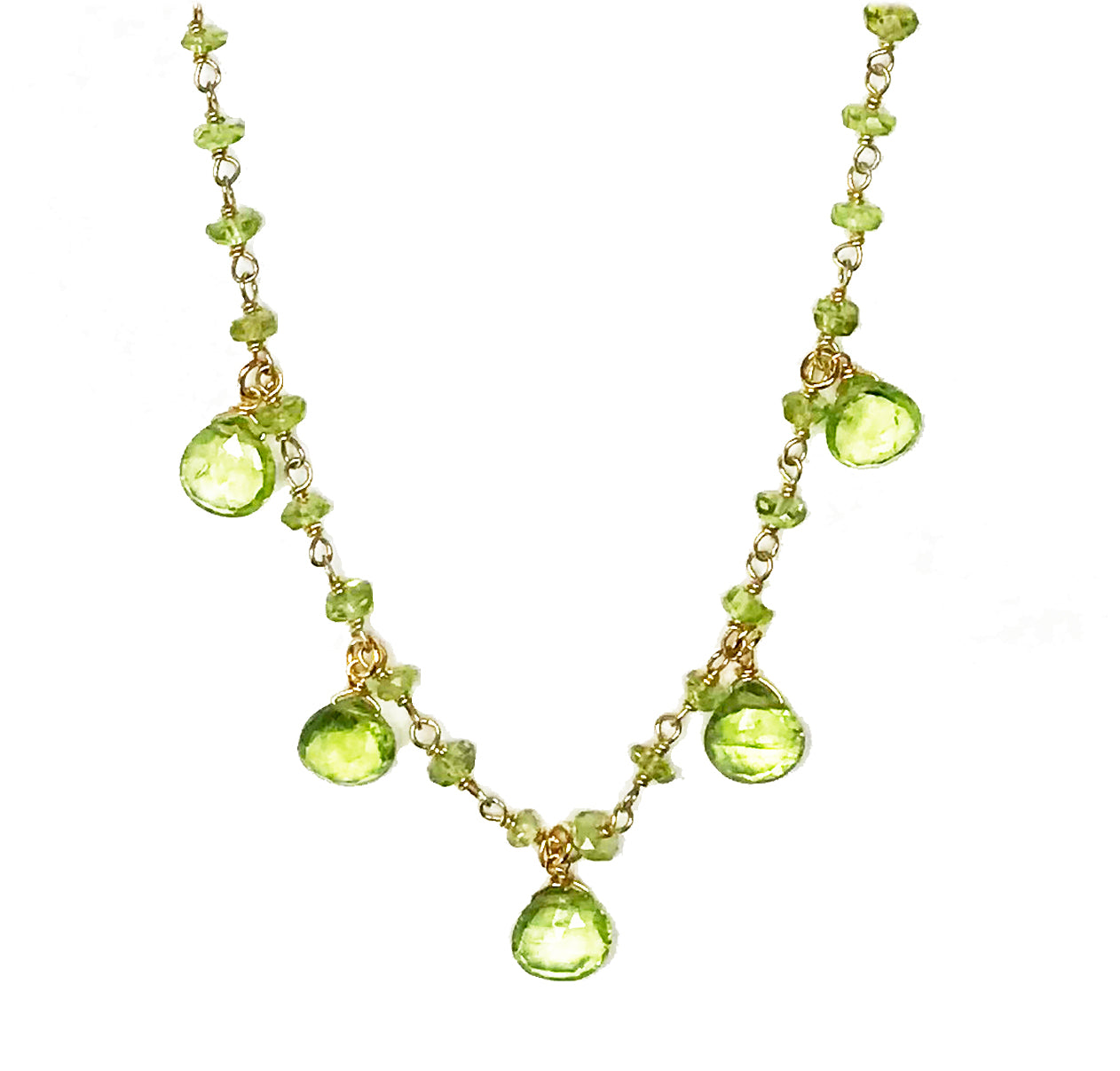 The Gena Myint Peridot Droplet Vermeil Necklace features a gold chain with small green gemstones and five larger teardrop-shaped stones.