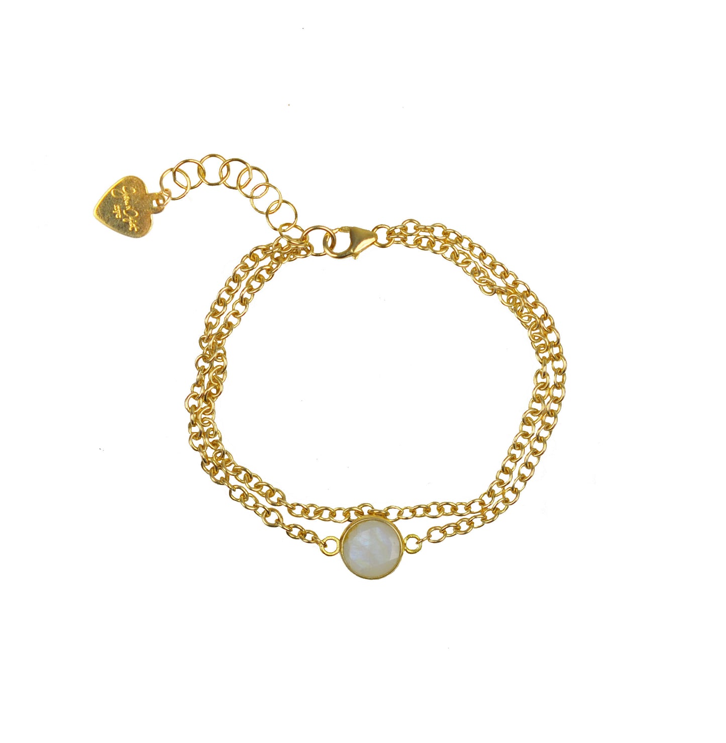 The Gena Myint Moonstone Vermeil Double Chain Bracelet includes a gold double chain design, with a circular white moonstone and a heart-shaped charm on the extender.