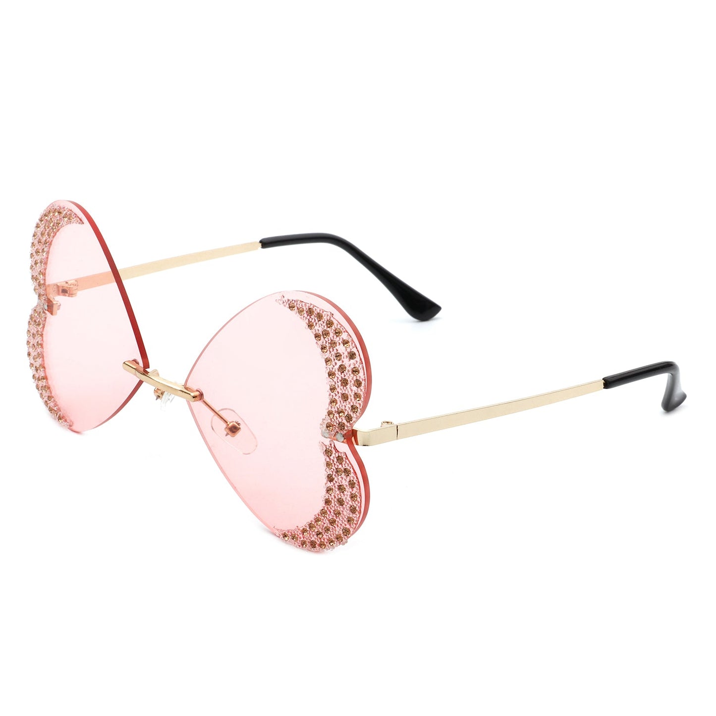 The Quixotia - Rimless Butterfly Heart Shape Tinted Fashion Women Sunglasses by Cramilo Eyewear are heart-shaped with purple lenses and golden arms, adorned with rhinestones along the edges.