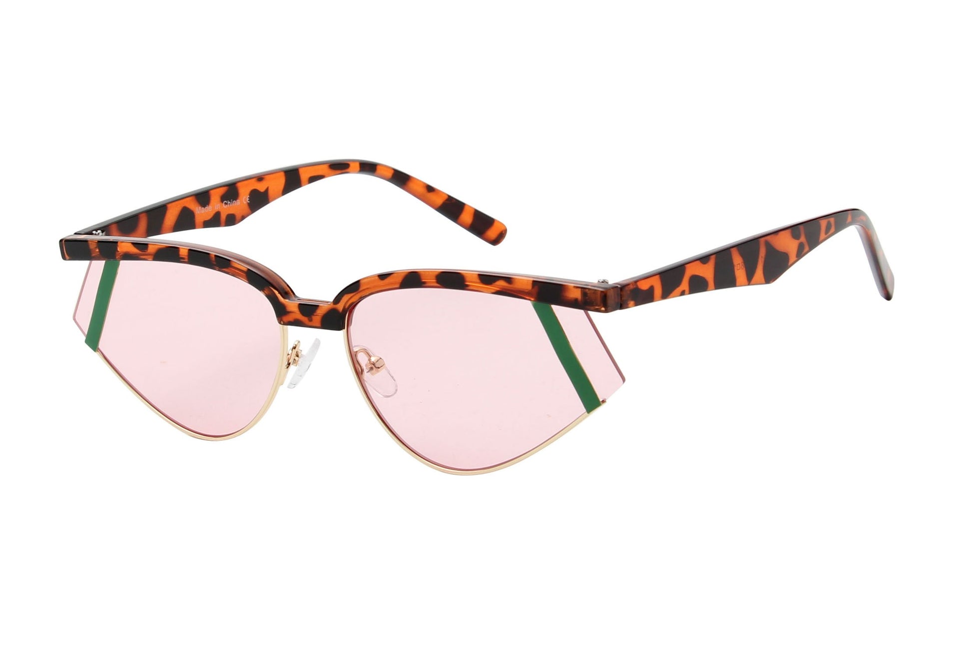 Cramilo Eyewears Laramie sunglasses feature a futuristic rectangle design with pink lenses and angular frames, accented by green corners.