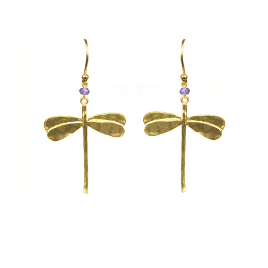 Gena Myint Dragonfly Amethyst Earrings, featuring a gold dragonfly shape adorned with small purple beads.