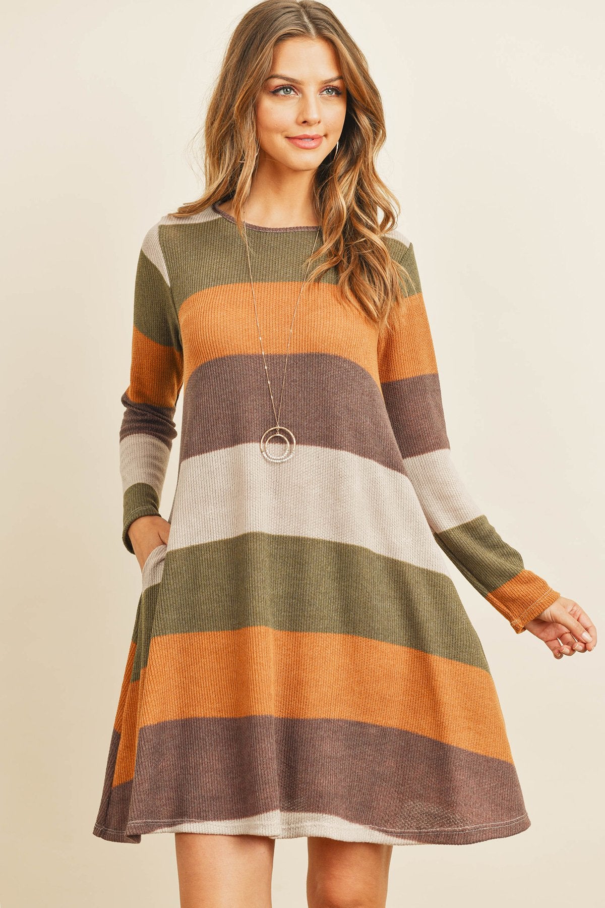 Long Sleeved Rib Stripe Pocket Dress Mustard/Olive / Large Long Sleeved Rib Stripe Pocket Dress Mustard/Olive / Large