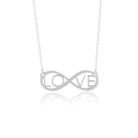 The Eternal Love Necklace by Sincerely Silver is a silver necklace featuring an infinity symbol pendant with the word LOVE integrated into its design.