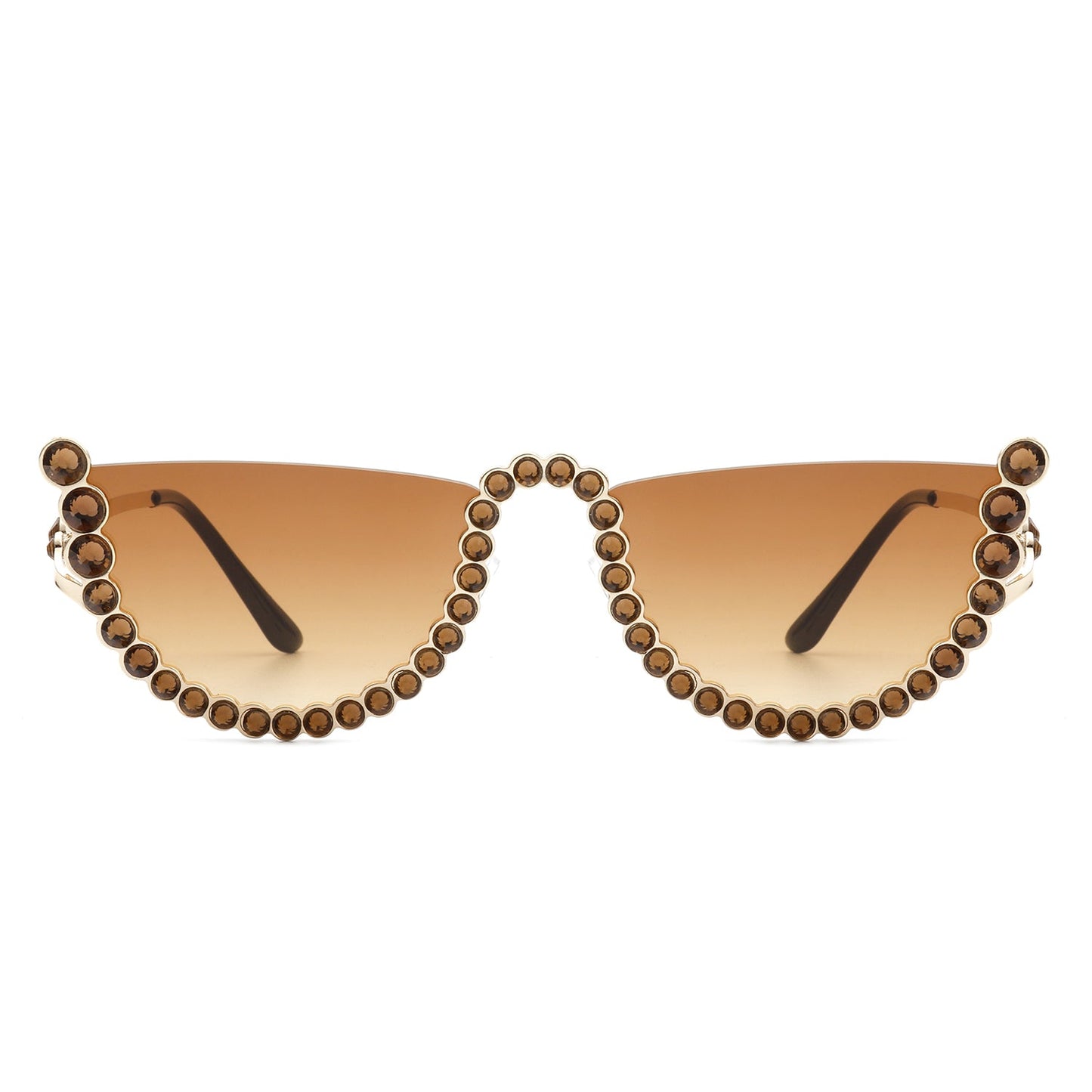 The Florinda Women Half Frame Rhinestone Round Fashion Sunglasses by Cramilo Eyewear feature rhinestones on the frame and temples, available in a golden color.