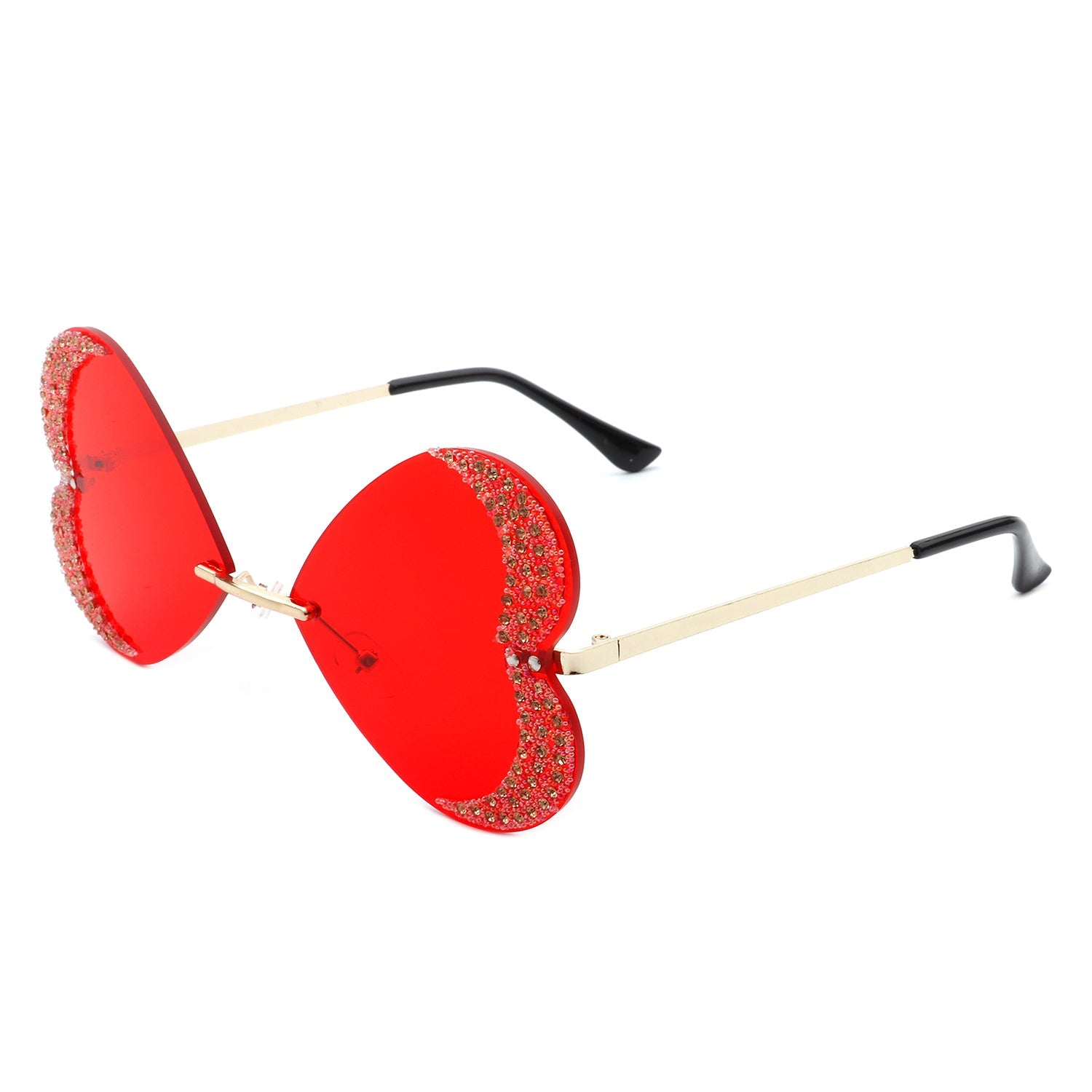 The Quixotia - Rimless Butterfly Heart Shape Tinted Fashion Women Sunglasses by Cramilo Eyewear are heart-shaped with purple lenses and golden arms, adorned with rhinestones along the edges.