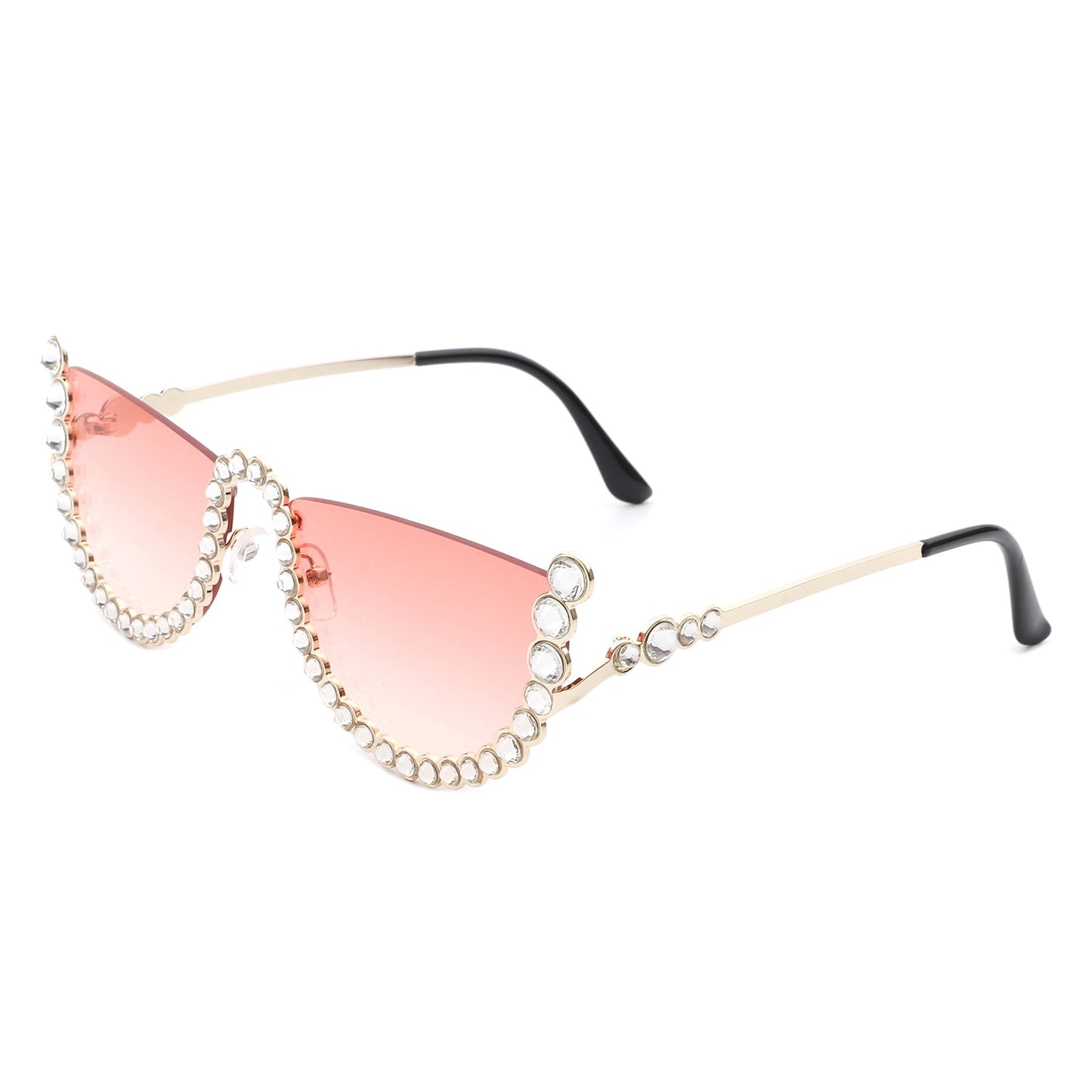 The Florinda Women Half Frame Rhinestone Round Fashion Sunglasses by Cramilo Eyewear feature rhinestones on the frame and temples, available in a golden color.