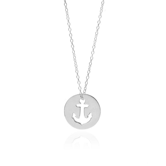 Sincerely Silvers Anchor Necklace is a sterling silver piece showcasing a circular pendant with a cut-out anchor design.