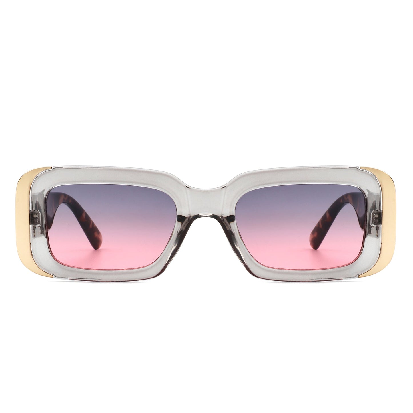 Cramilo Eyewears Quixotic sunglasses feature rectangular brown tortoise frames with gradient pink lenses and gold corner accents.