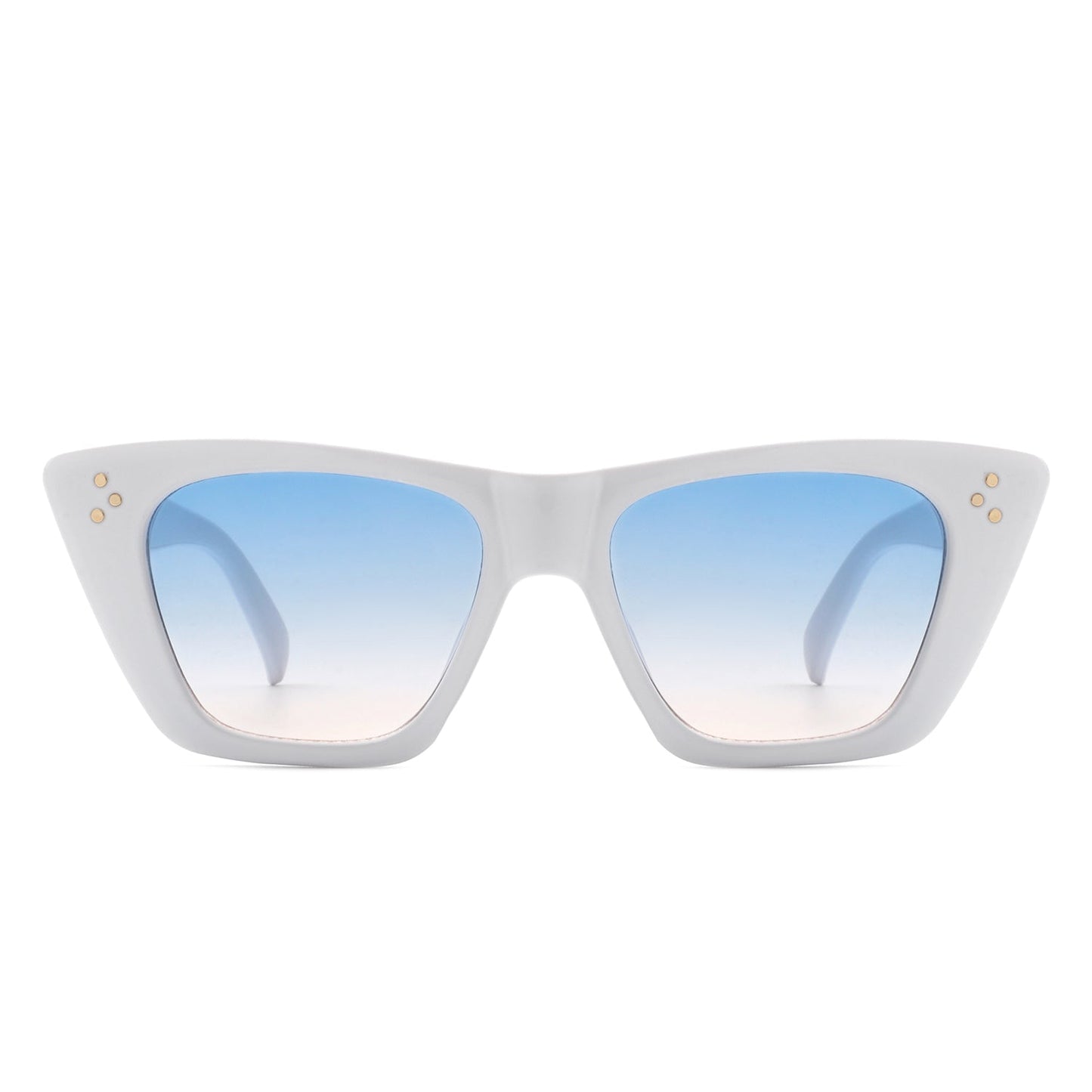 Lightnin Women Retro Cat Eye Fashion Square Sunglasses by Cramilo Eyewear, featuring blue gradient lenses and gold dot accents.