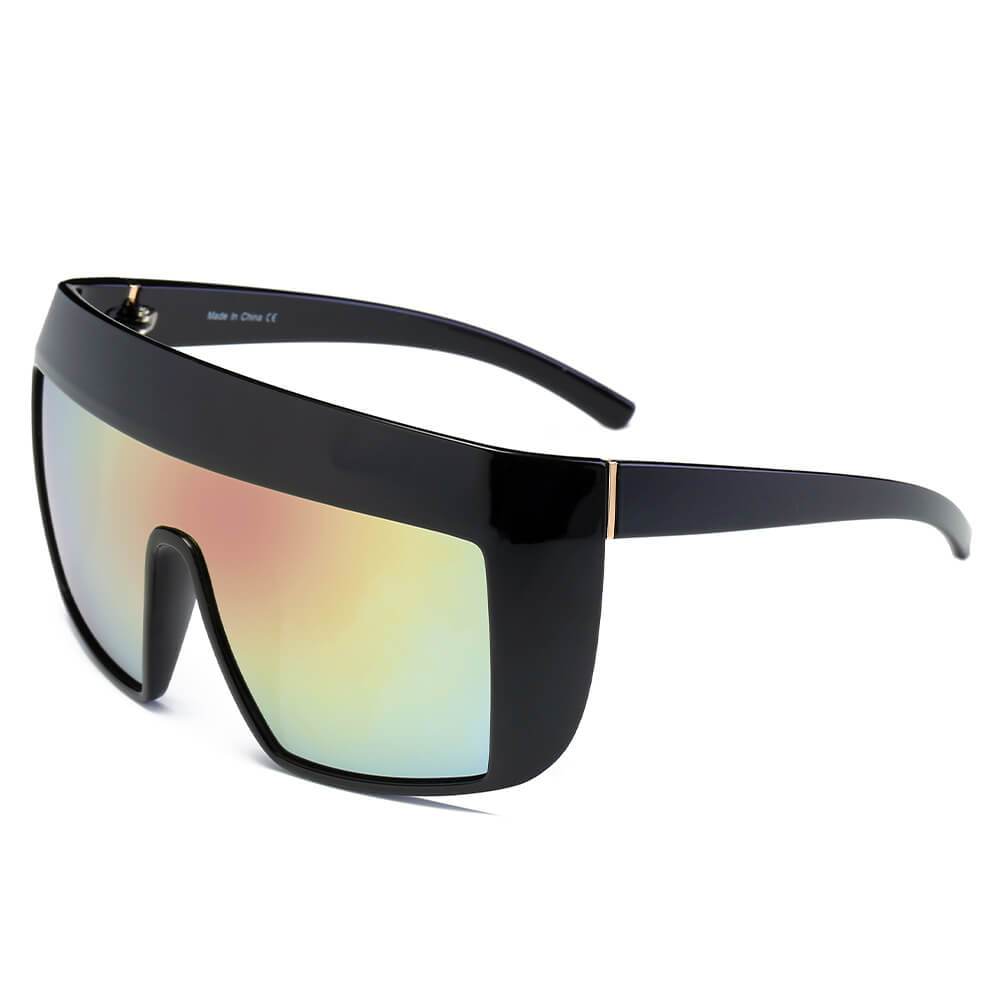 Peach-colored FOLSOM Oversize Shield Sunglasses by Cramilo Eyewear, featuring a frameless visor style with reflective rainbow-tinted lenses, displayed on a white background.