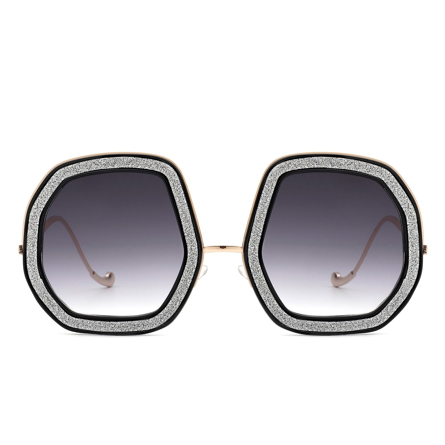 Xanadawn by Cramilo Eyewear: Women’s round irregular geometric sunglasses with brown glitter frames and gradient lenses.